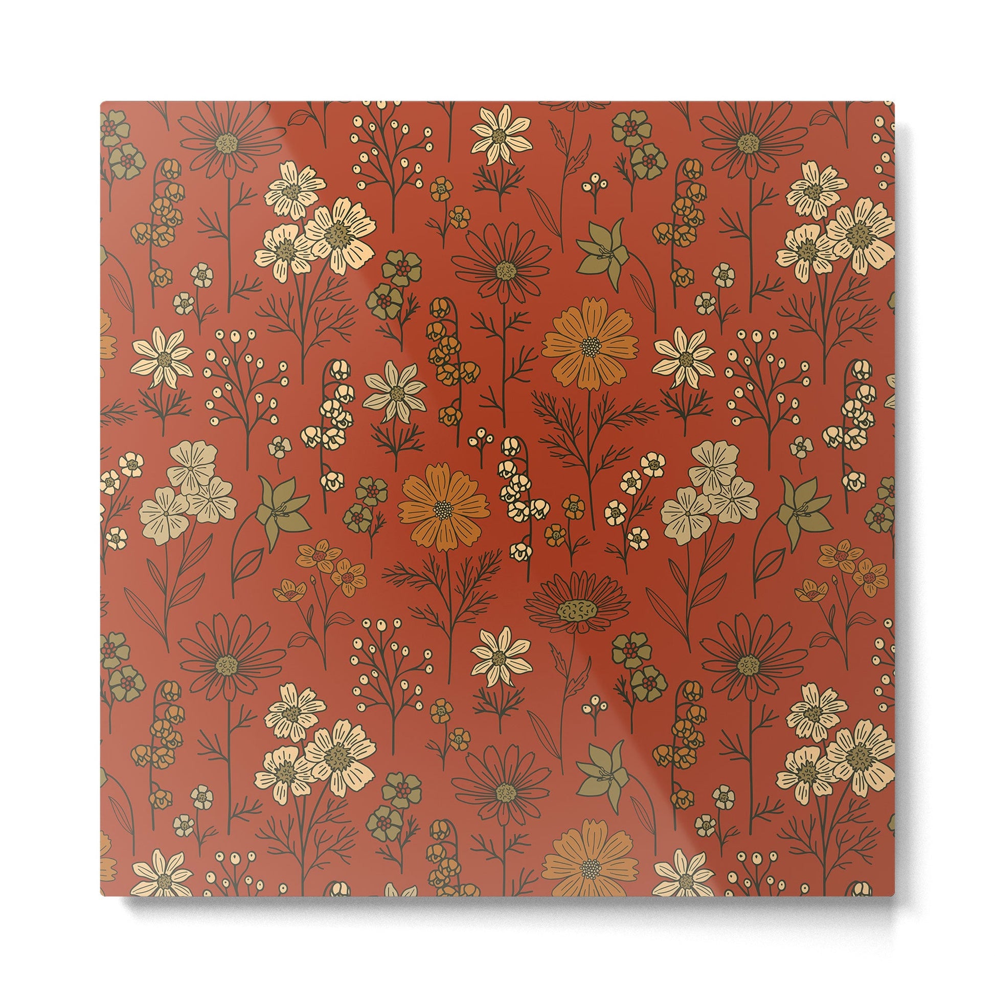 Burnt Orange & Olive Green Floral Metal Print | TeksDecor