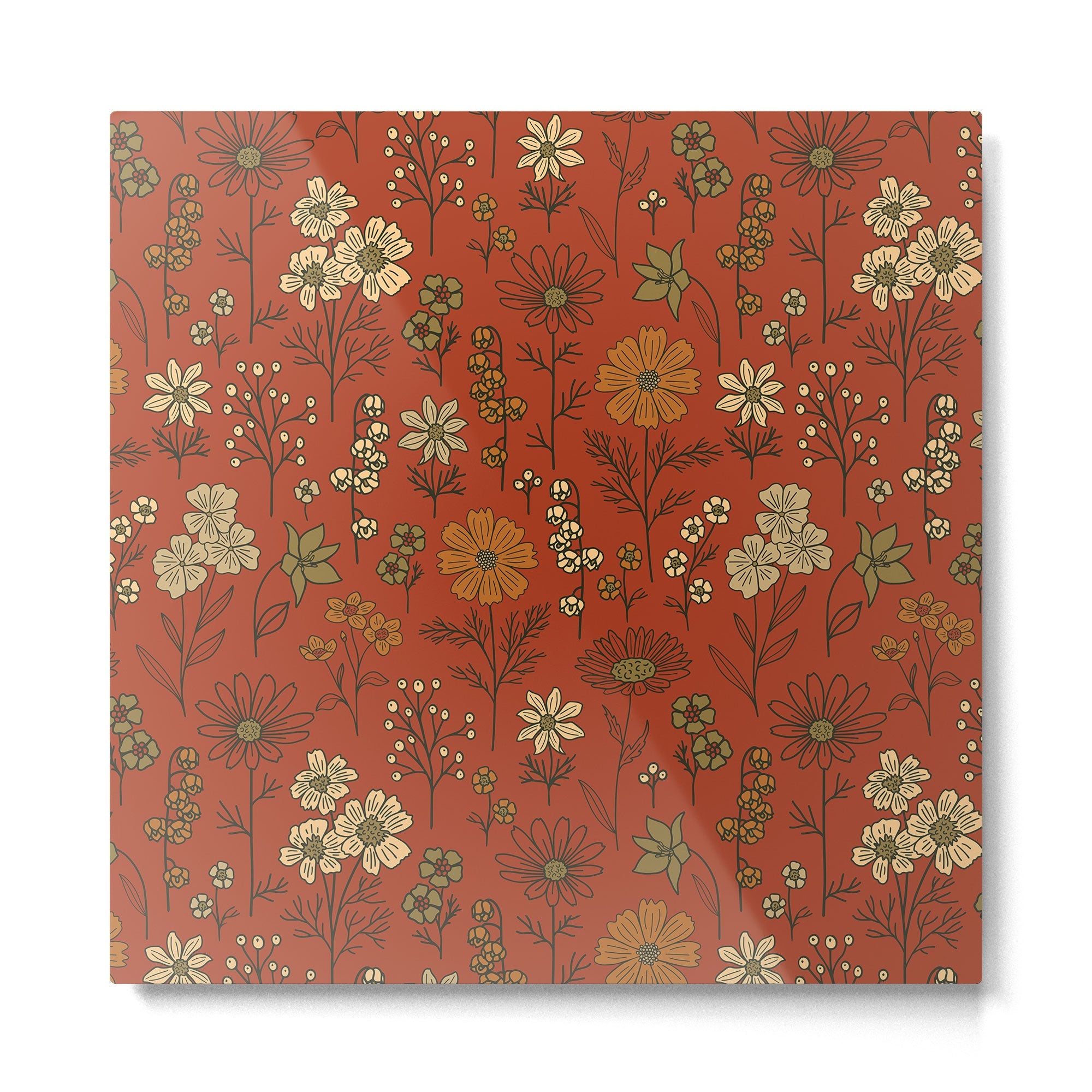 Burnt Orange & Olive Green Floral Metal Print | TeksDecor