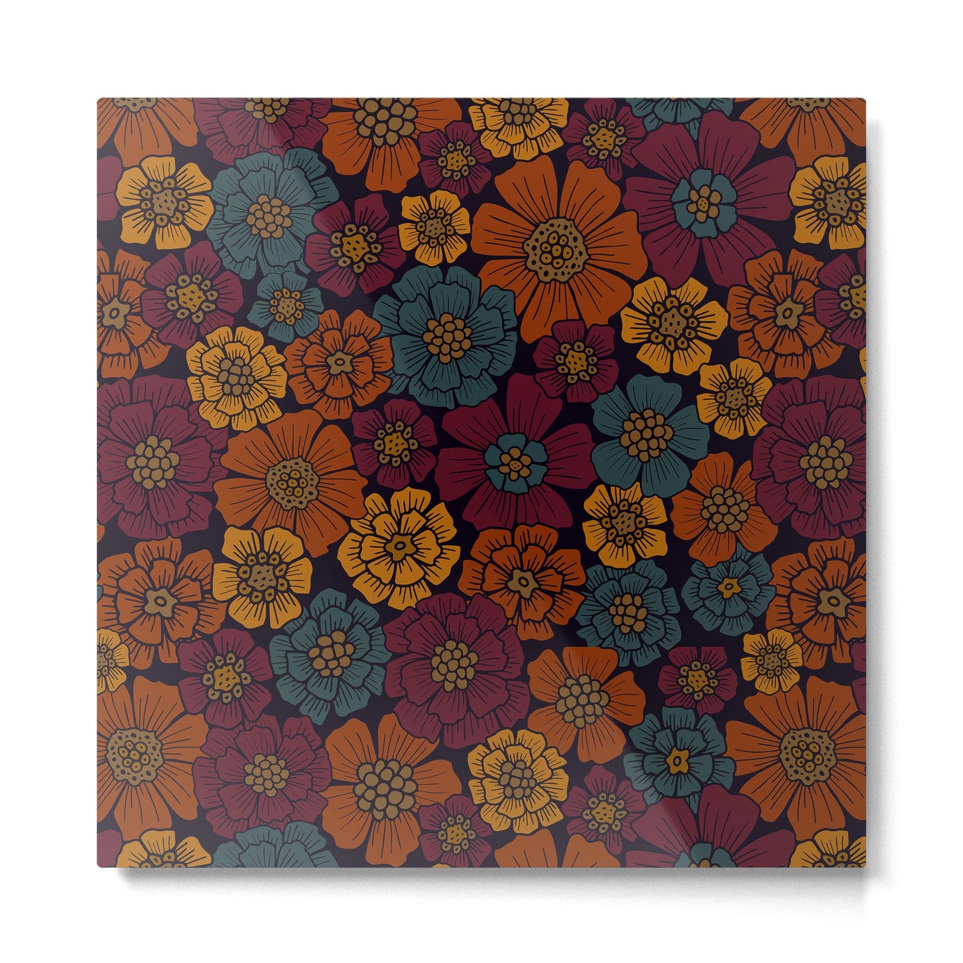 Dark Burgundy, Teal & Mustard Floral Metal Print | TeksDecor