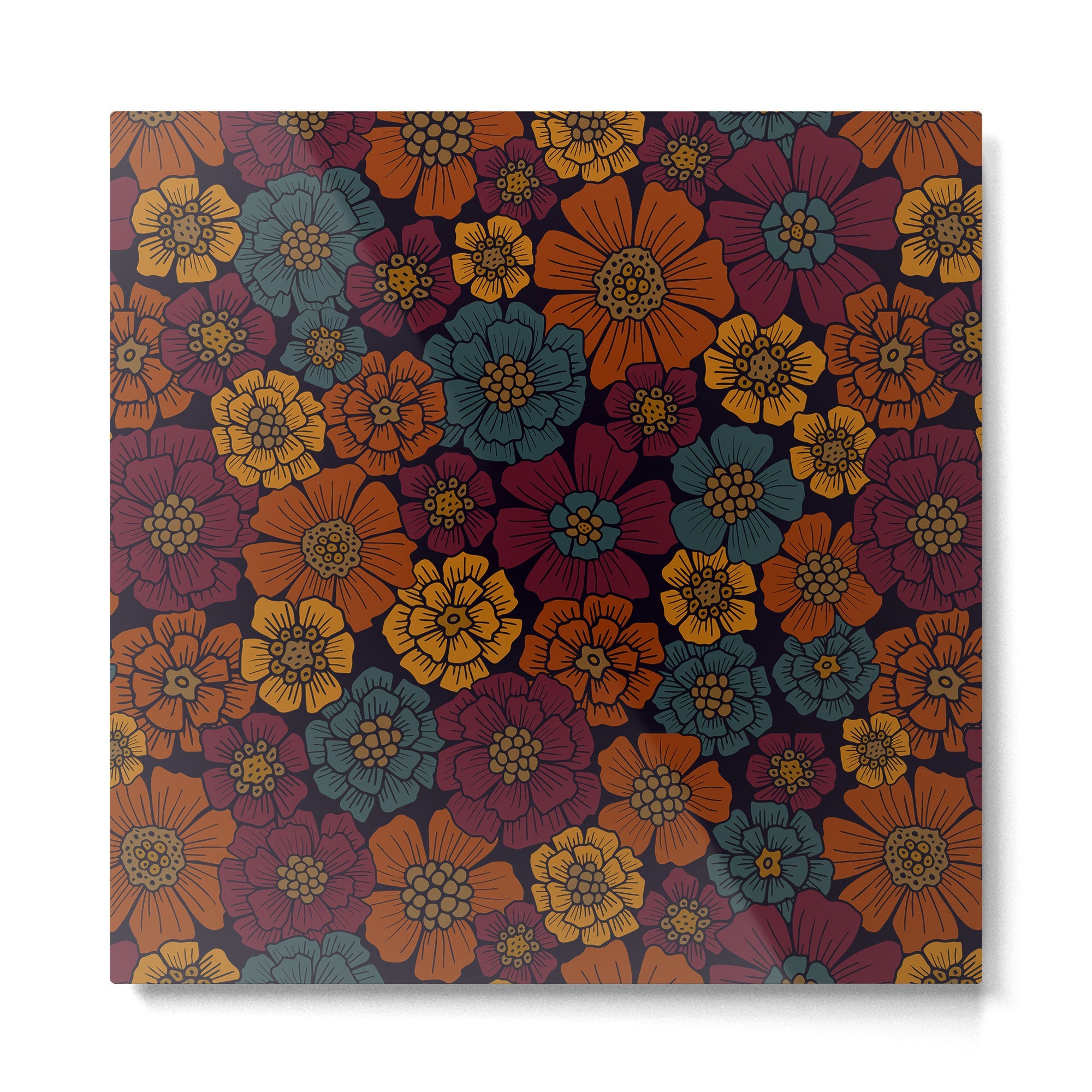 Dark Burgundy, Teal & Mustard Floral Metal Print | TeksDecor