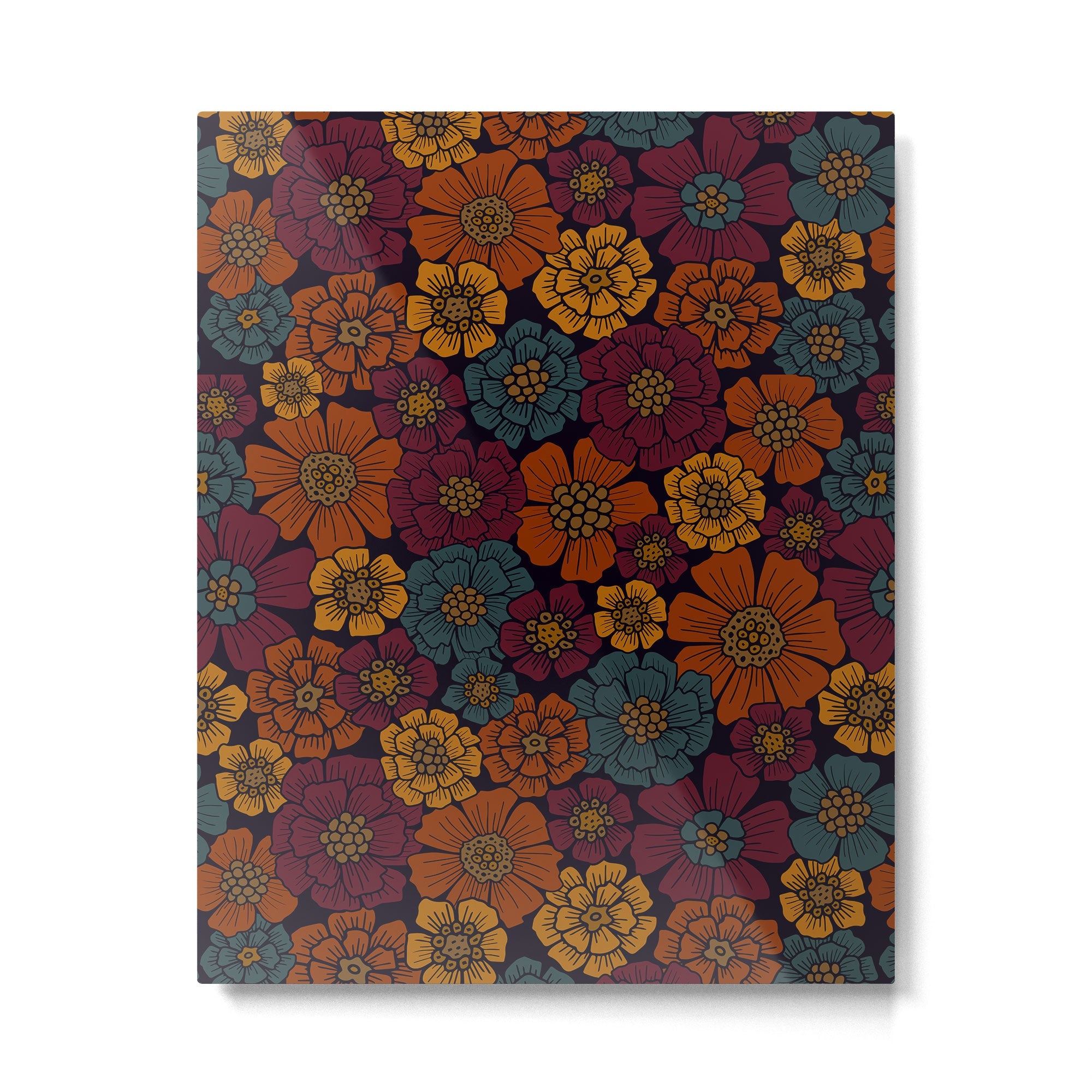 Dark Burgundy, Teal & Mustard Floral Metal Print | TeksDecor