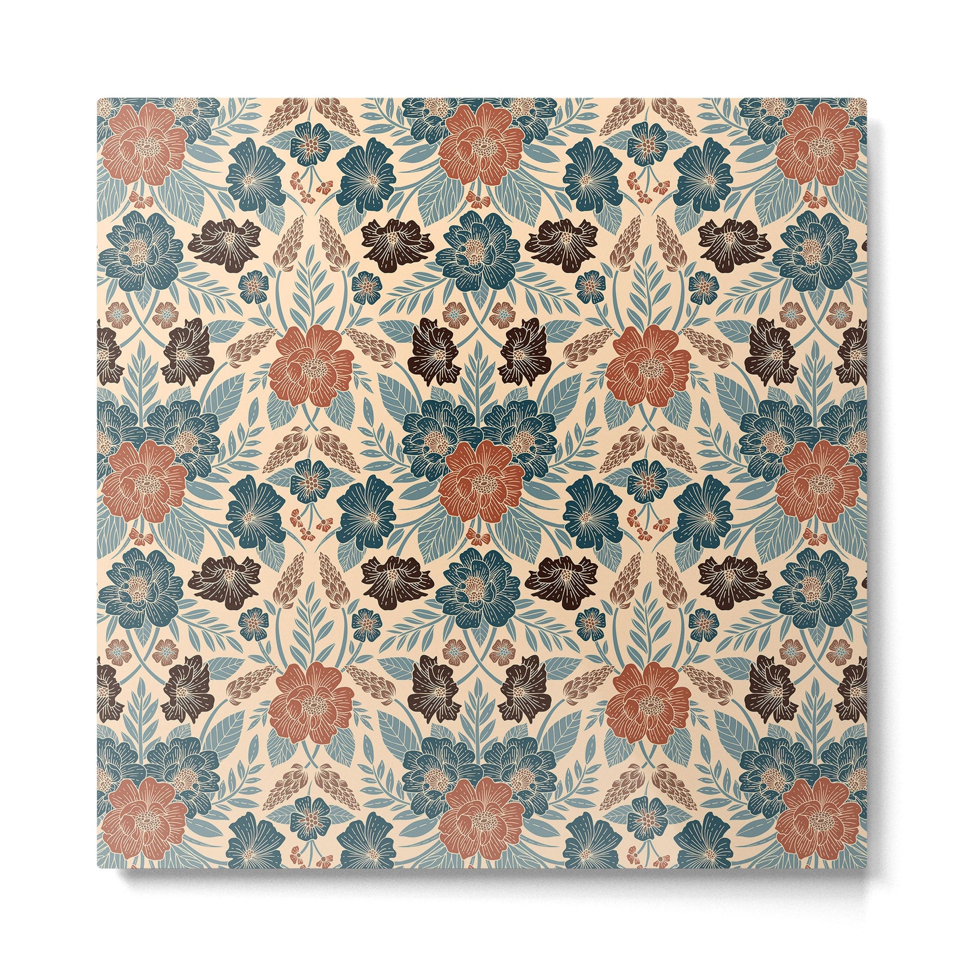 Fall Floral Pattern in Blue, Brown & Rust Metal Print | TeksDecor