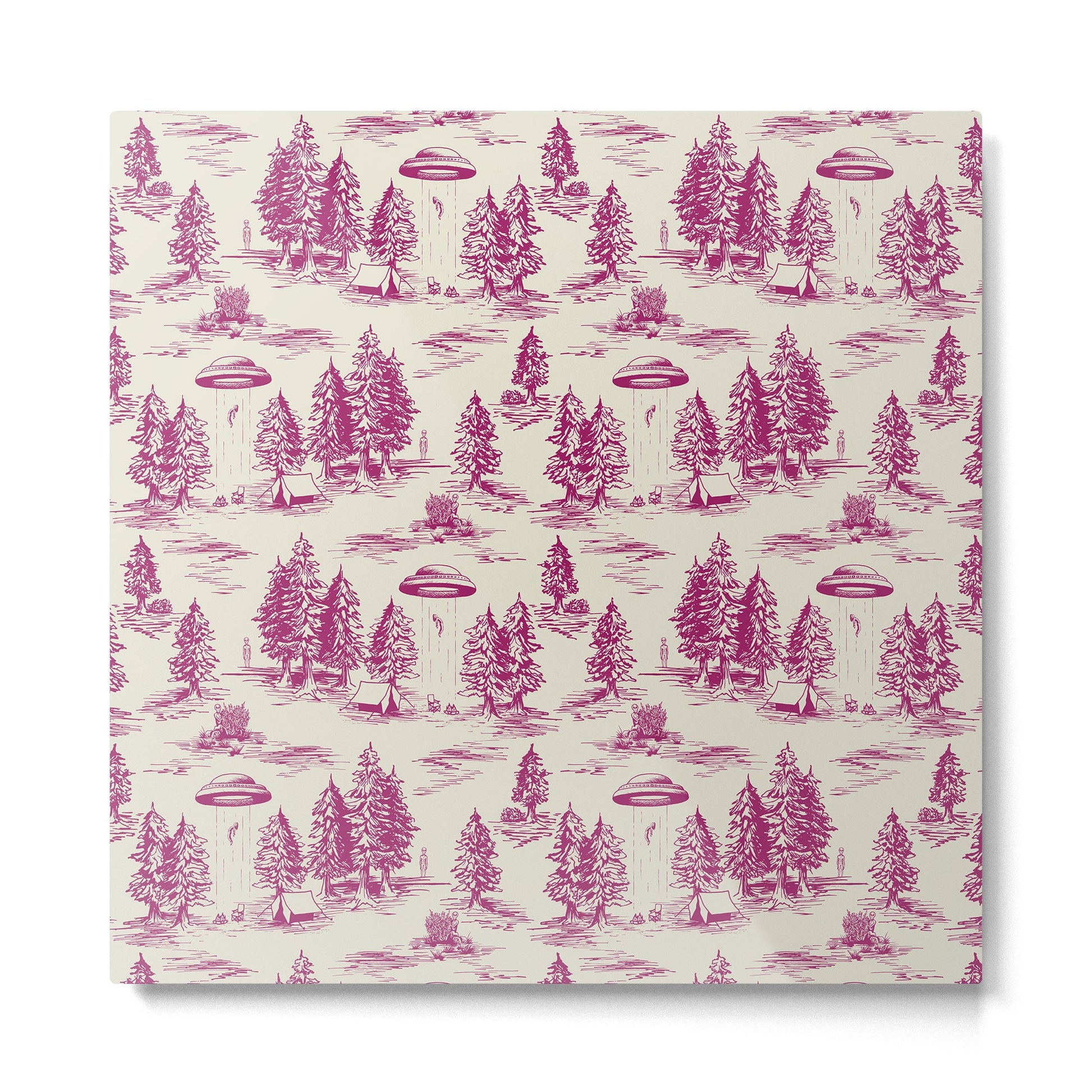 Magenta Alien Abduction Toile De Jouy Pattern Metal Print | TeksDecor