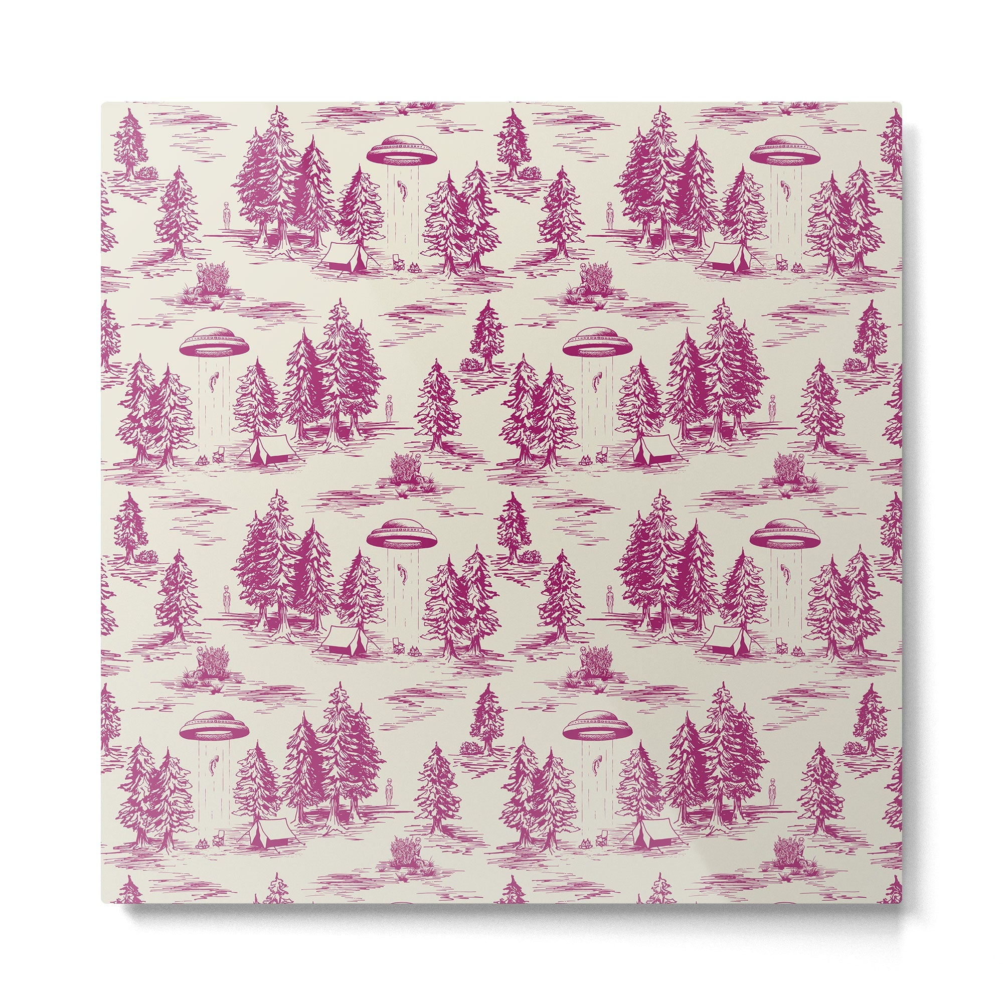 Magenta Alien Abduction Toile De Jouy Pattern Metal Print | TeksDecor
