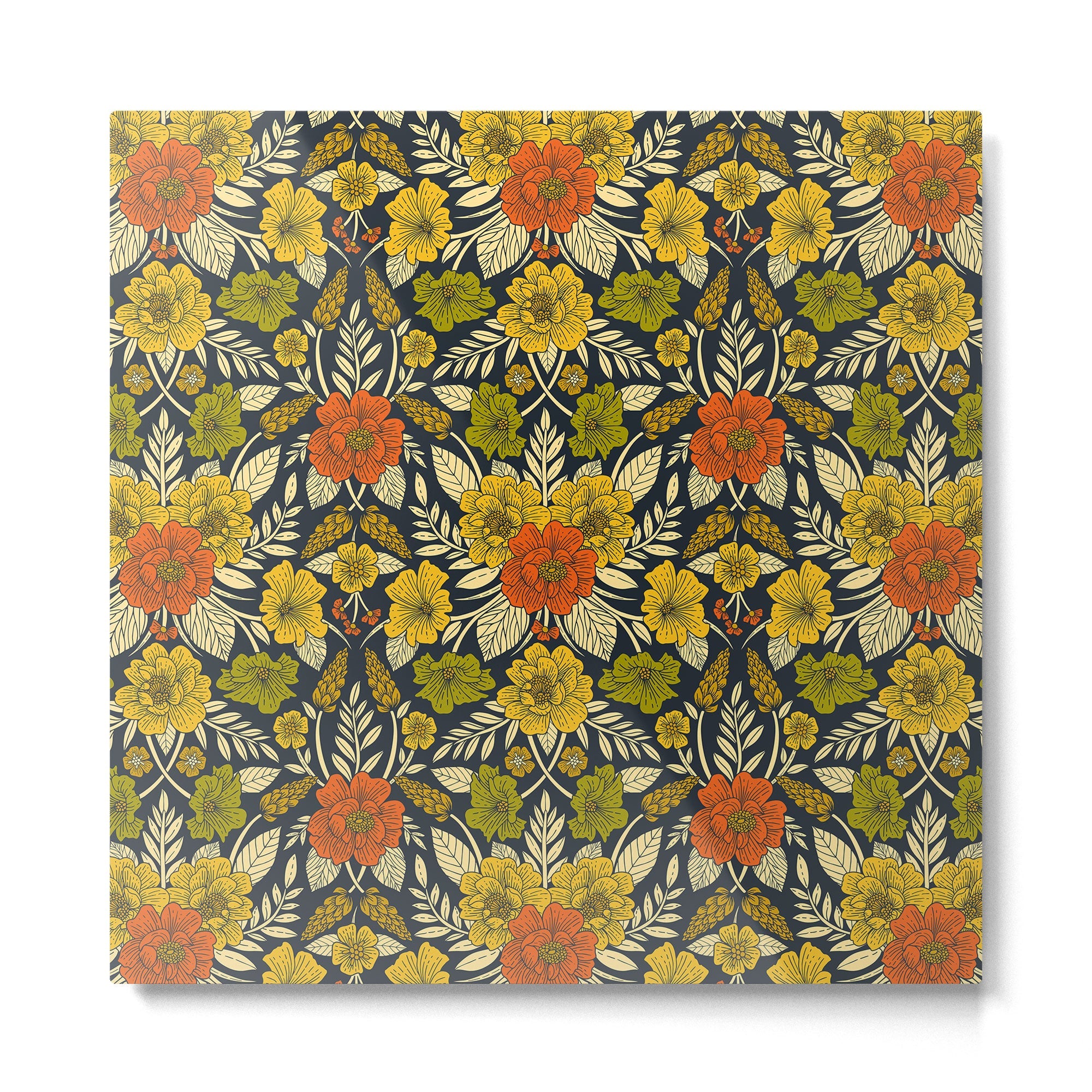 Modern Floral Pattern in Orange, Yellow, Green & Navy Metal Print | TeksDecor