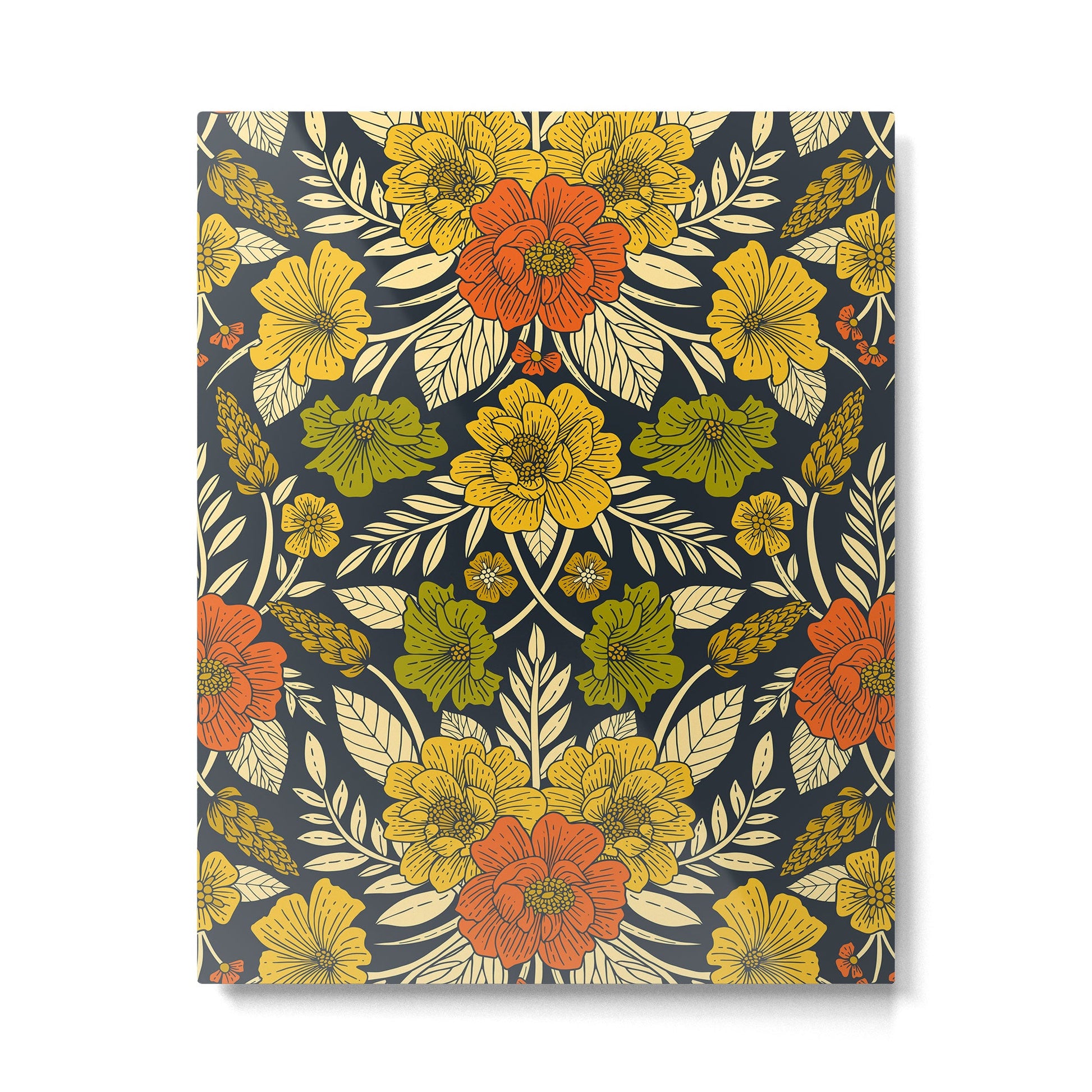 Modern Floral Pattern in Orange, Yellow, Green & Navy Metal Print | TeksDecor