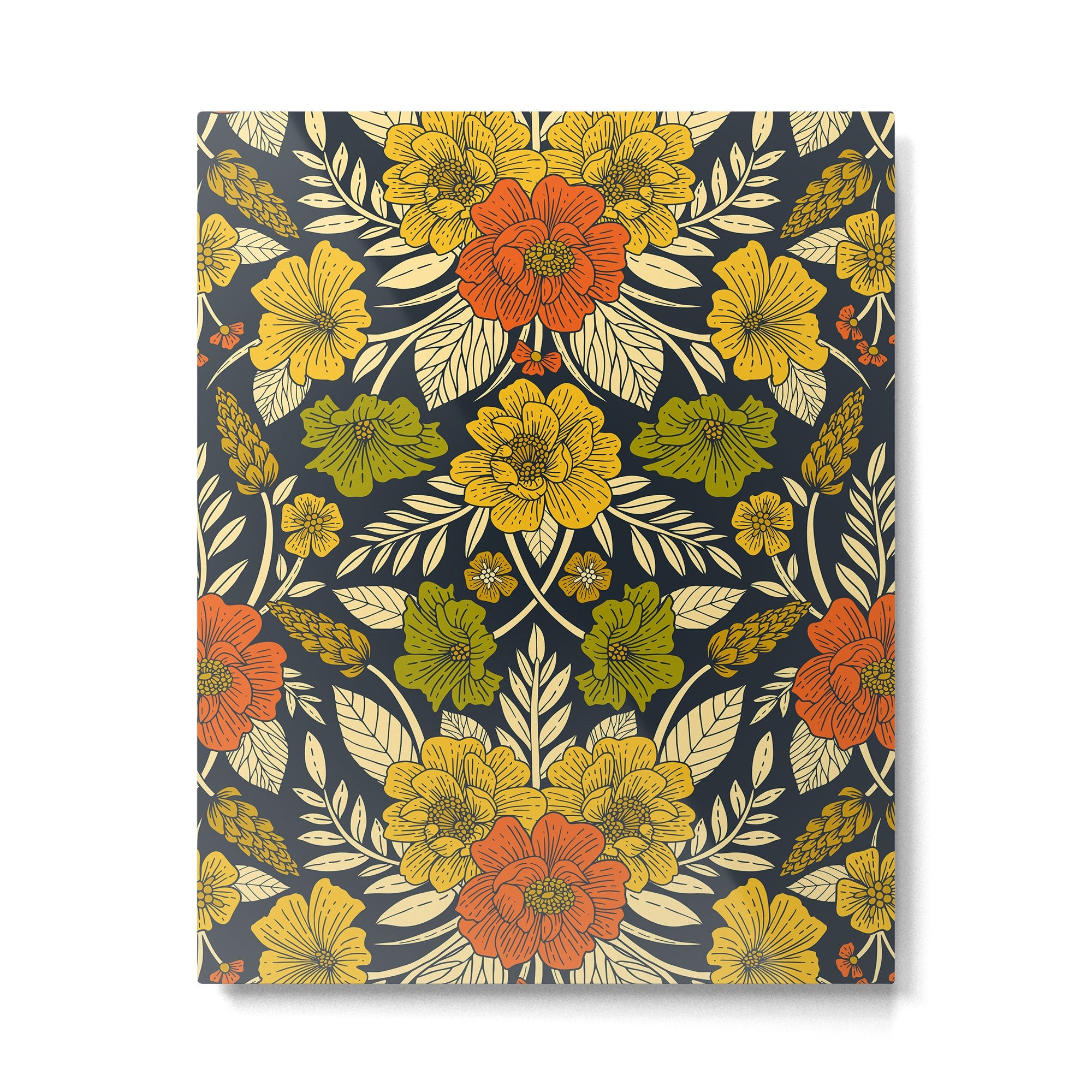 Modern Floral Pattern in Orange, Yellow, Green & Navy Metal Print | TeksDecor