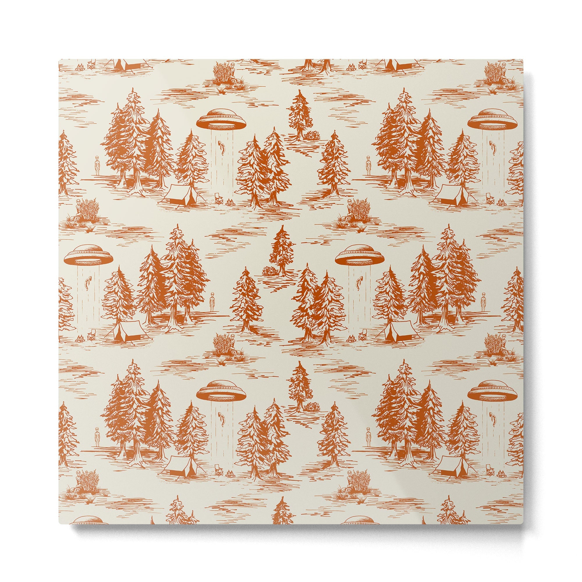 Orange Alien Abduction Toile De Jouy Pattern Metal Print | TeksDecor