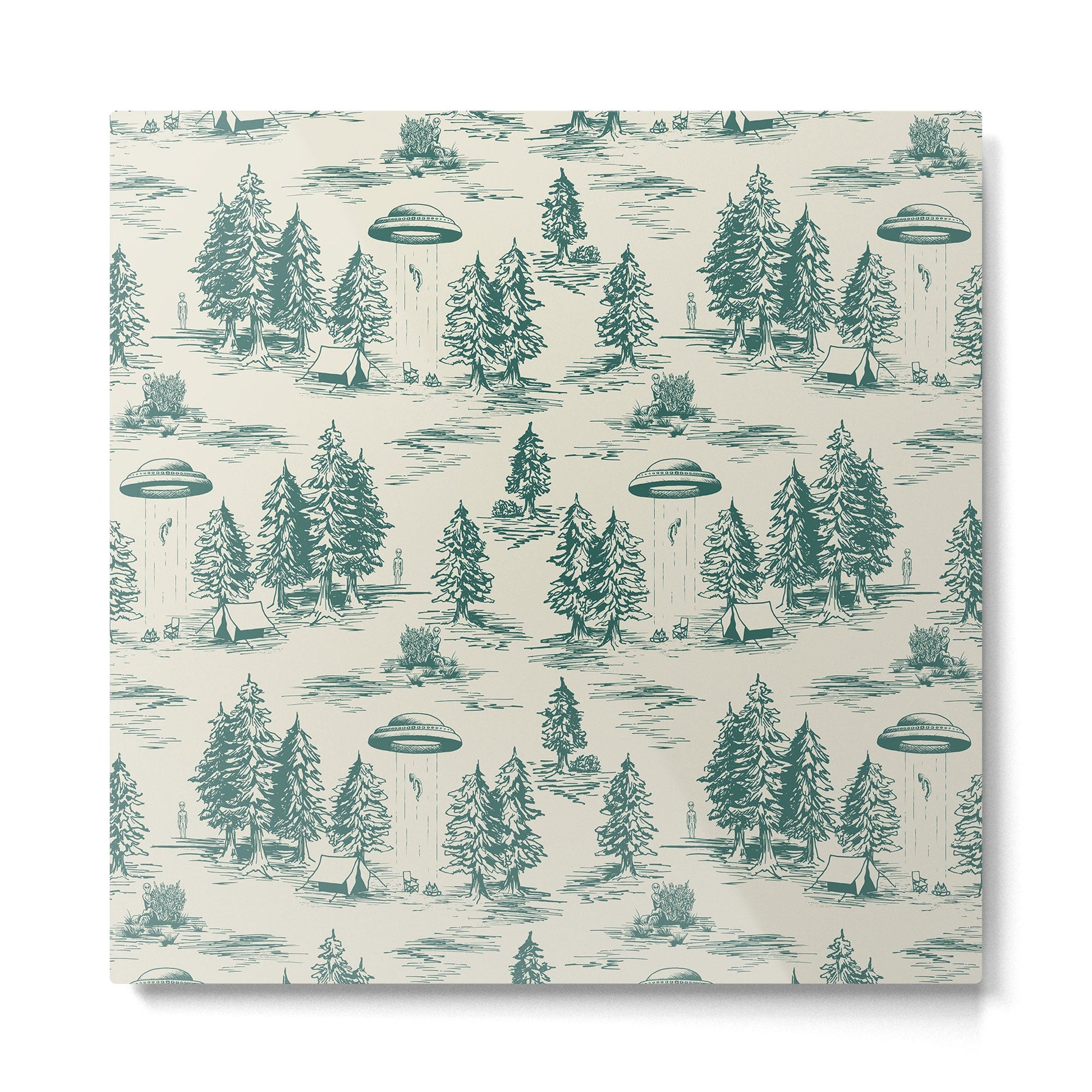 Teal Alien Abduction Toile De Jouy Pattern Metal Print | TeksDecor