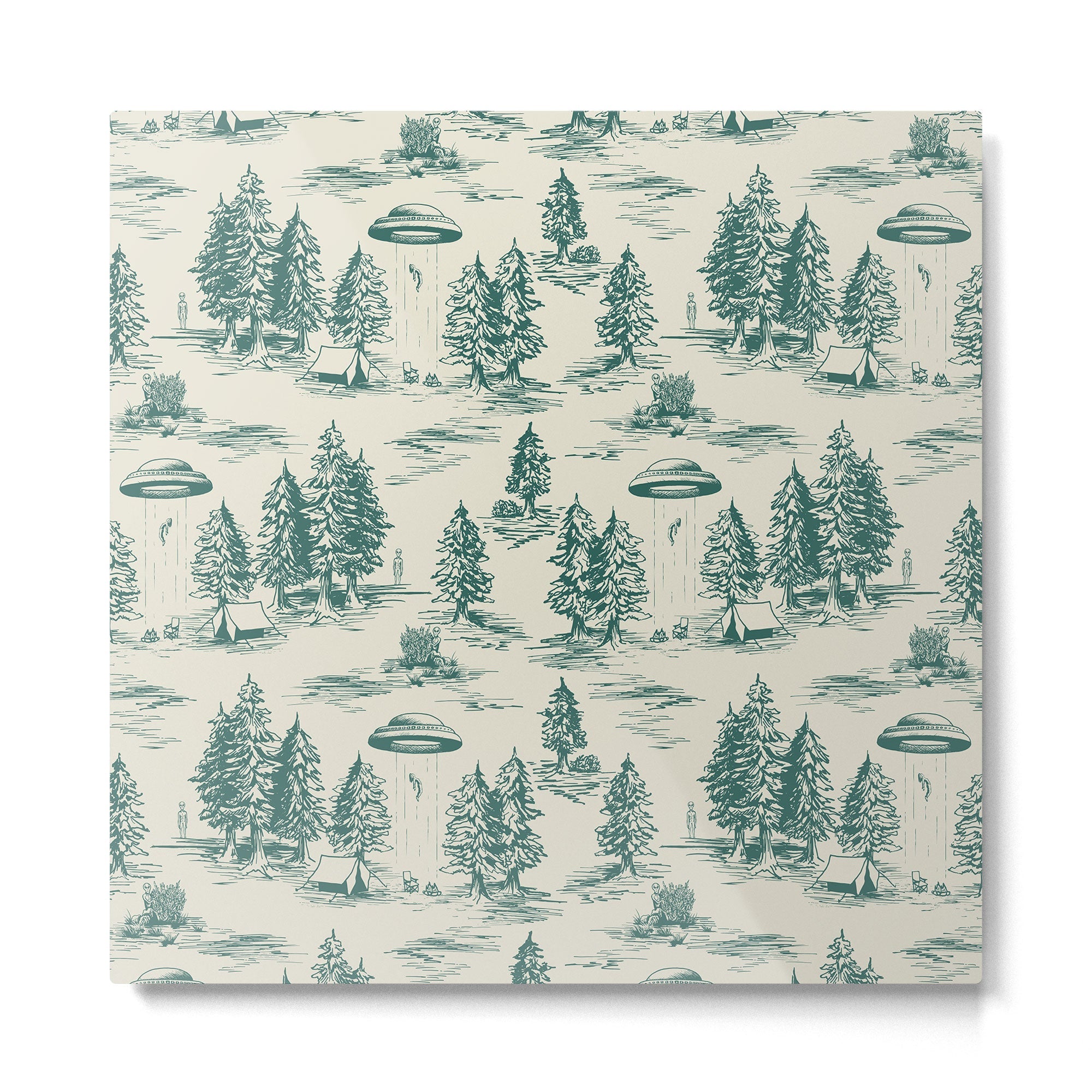 Teal Alien Abduction Toile De Jouy Pattern Metal Print | TeksDecor