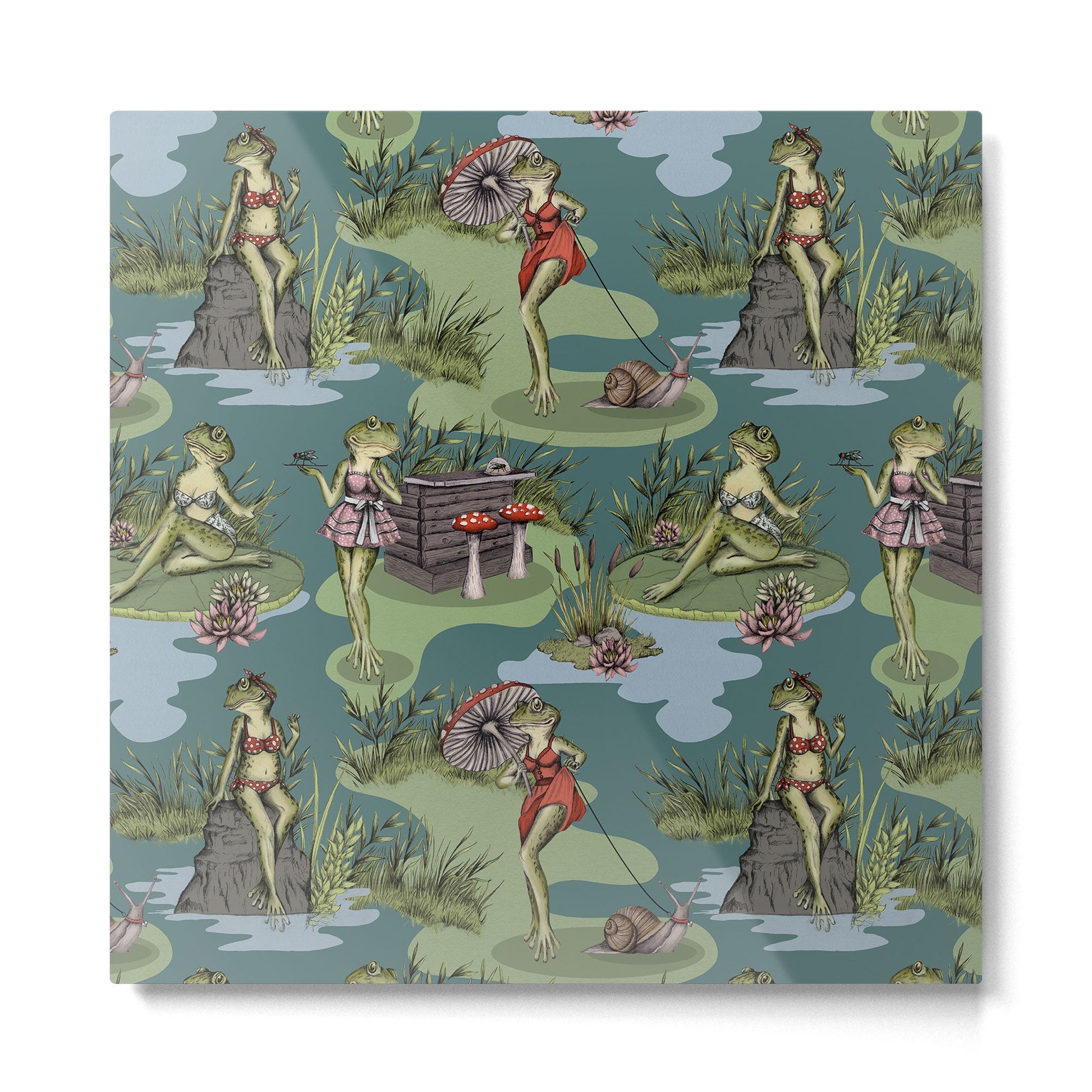 Vintage Pin-Up Girl Frogs Metal Print | TeksDecor