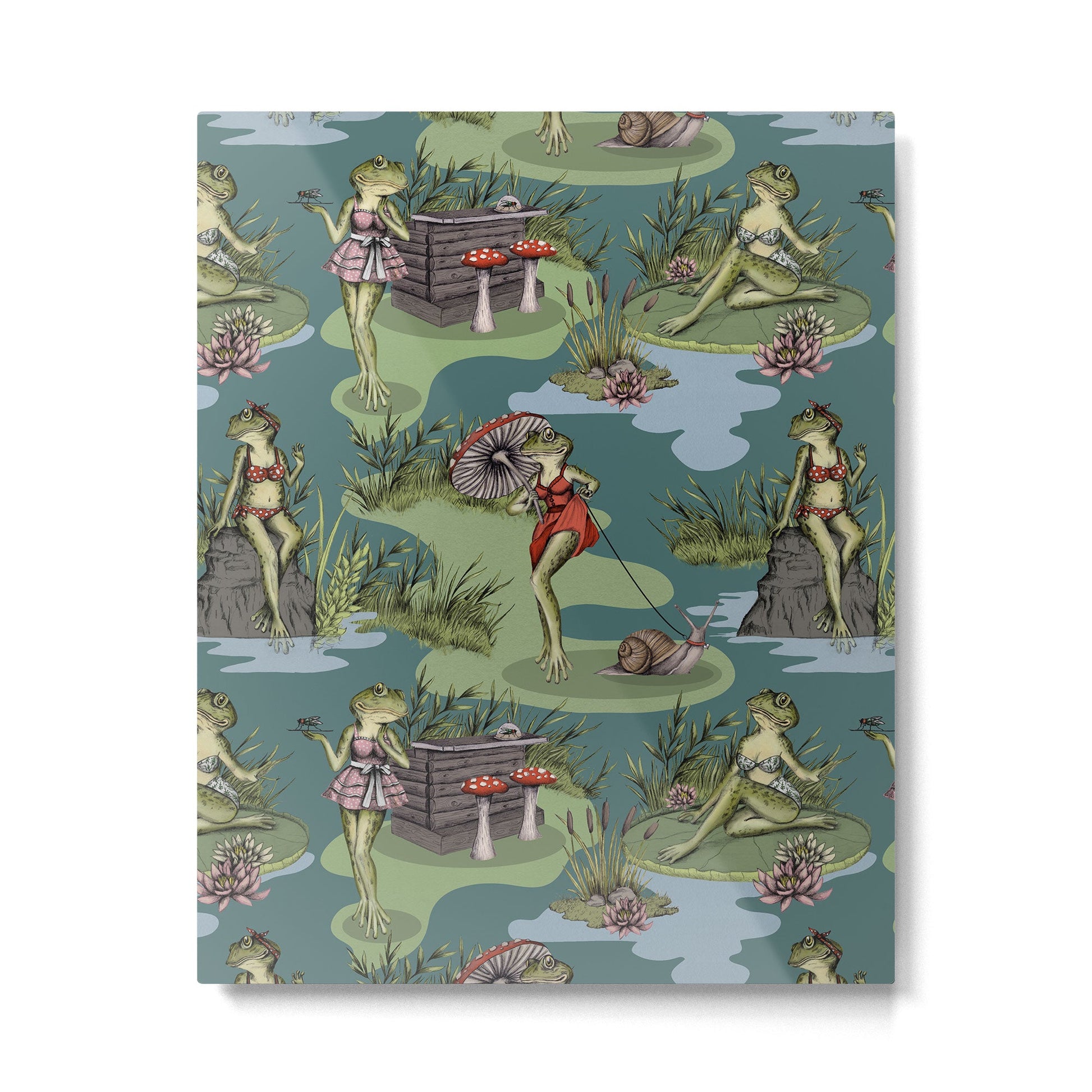 Vintage Pin-Up Girl Frogs Metal Print | TeksDecor