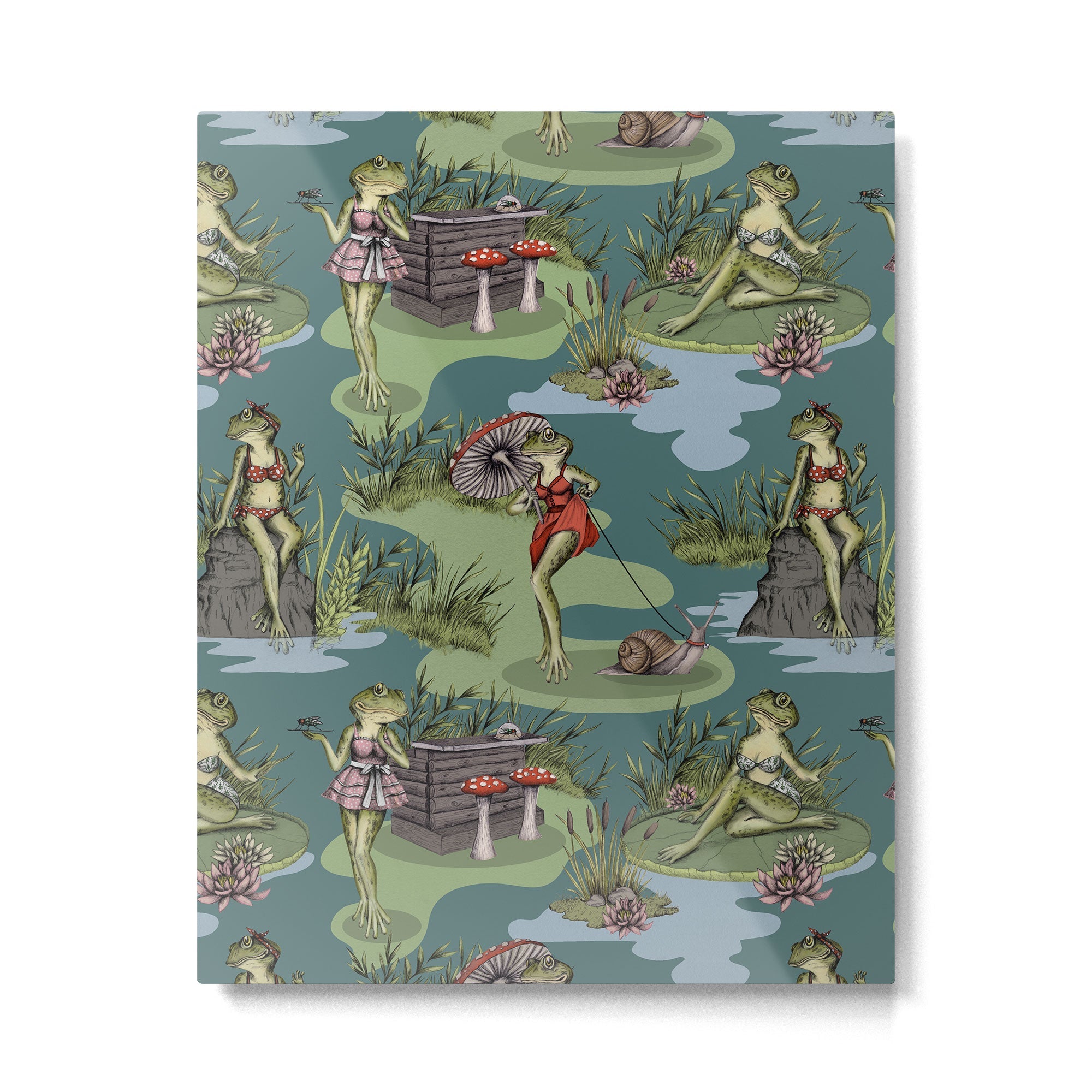 Vintage Pin-Up Girl Frogs Metal Print | TeksDecor