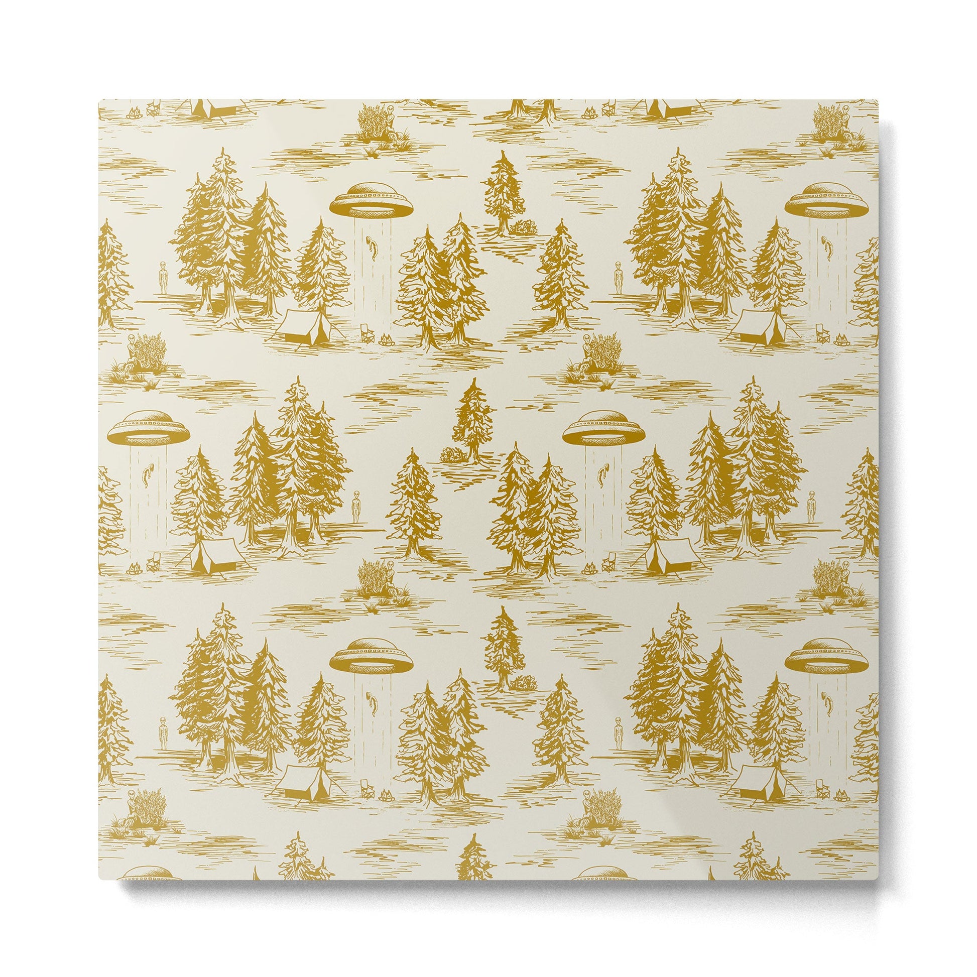 Yellow/Gold Alien Abduction Toile De Jouy Pattern Metal Print | TeksDecor