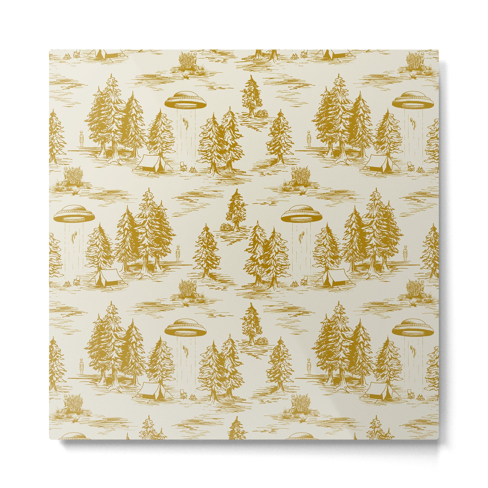 Yellow/Gold Alien Abduction Toile De Jouy Pattern Metal Print | TeksDecor