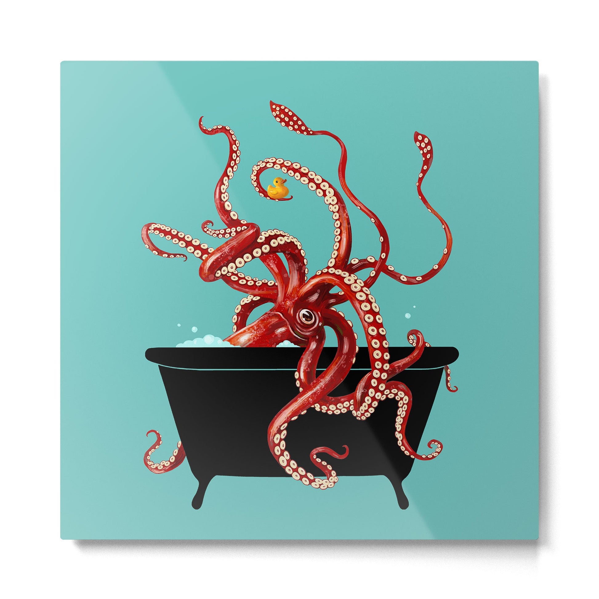 Giant Squid in Bathtub Metal Print | TeksDecor