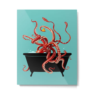 Giant Squid in Bathtub Metal Print | TeksDecor