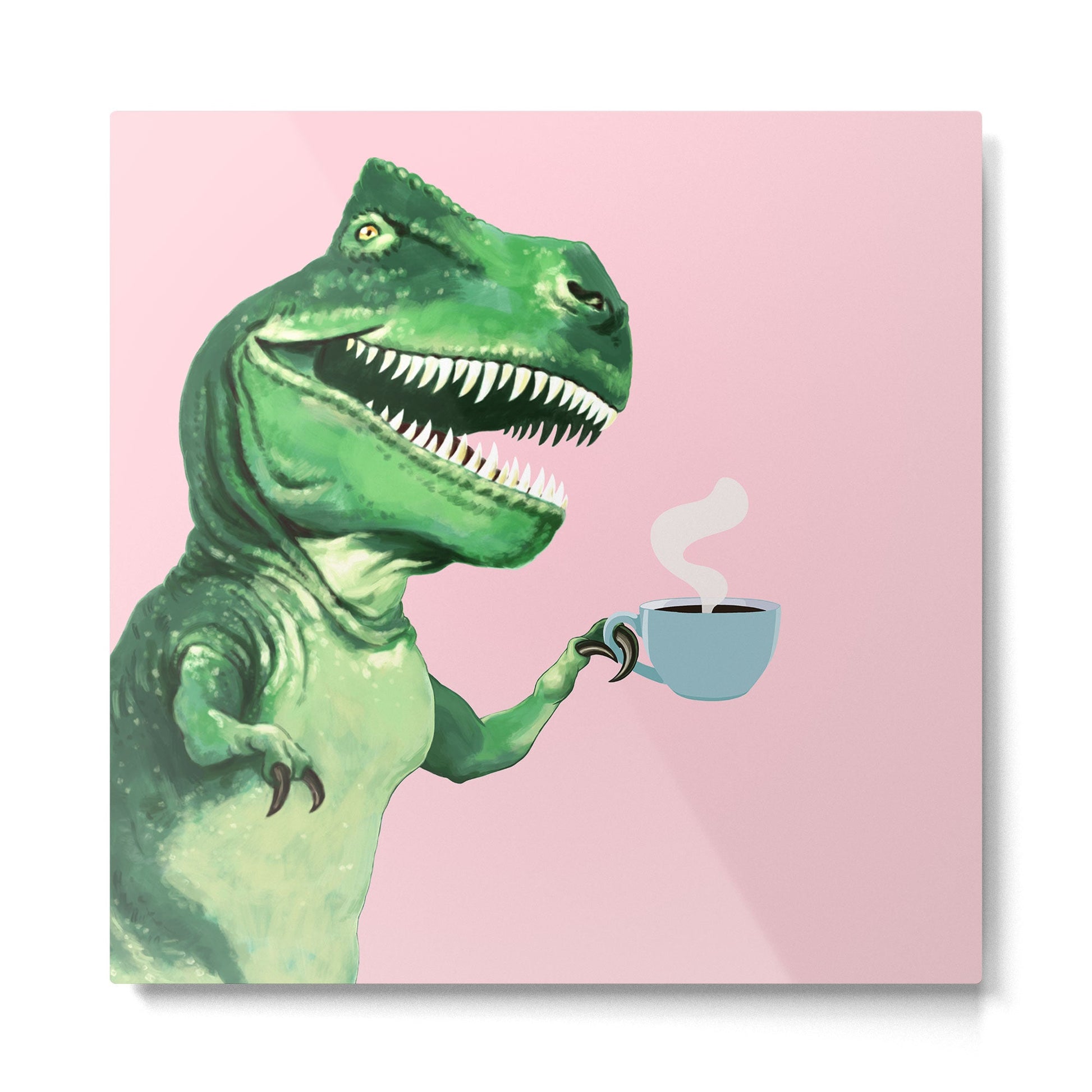 T-Rex Enjoying Coffee in Pink Metal Print | TeksDecor