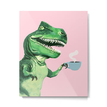 T-Rex Enjoying Coffee in Pink Metal Print | TeksDecor