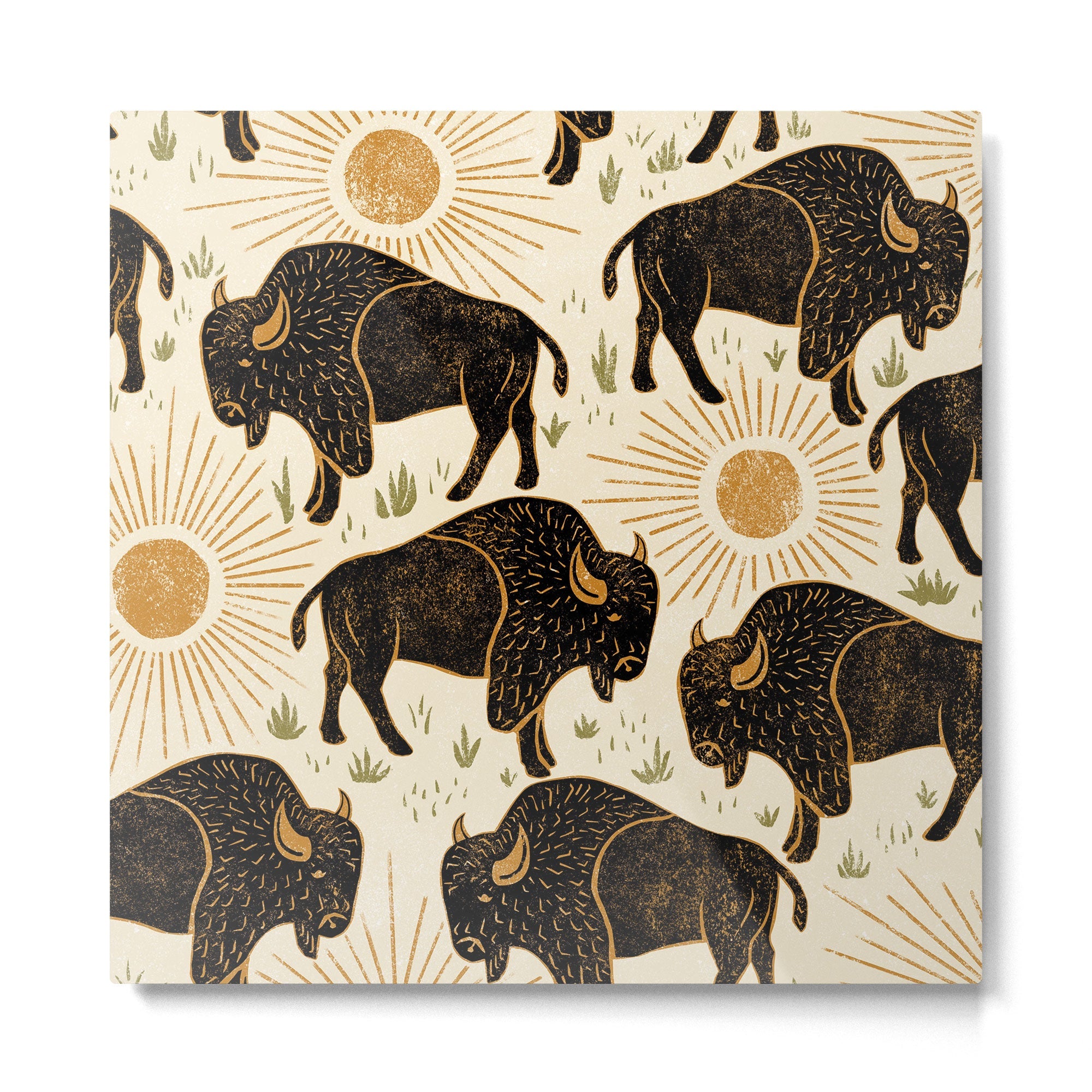 Bison - black, gold, moss green, and cream Metal Print | TeksDecor