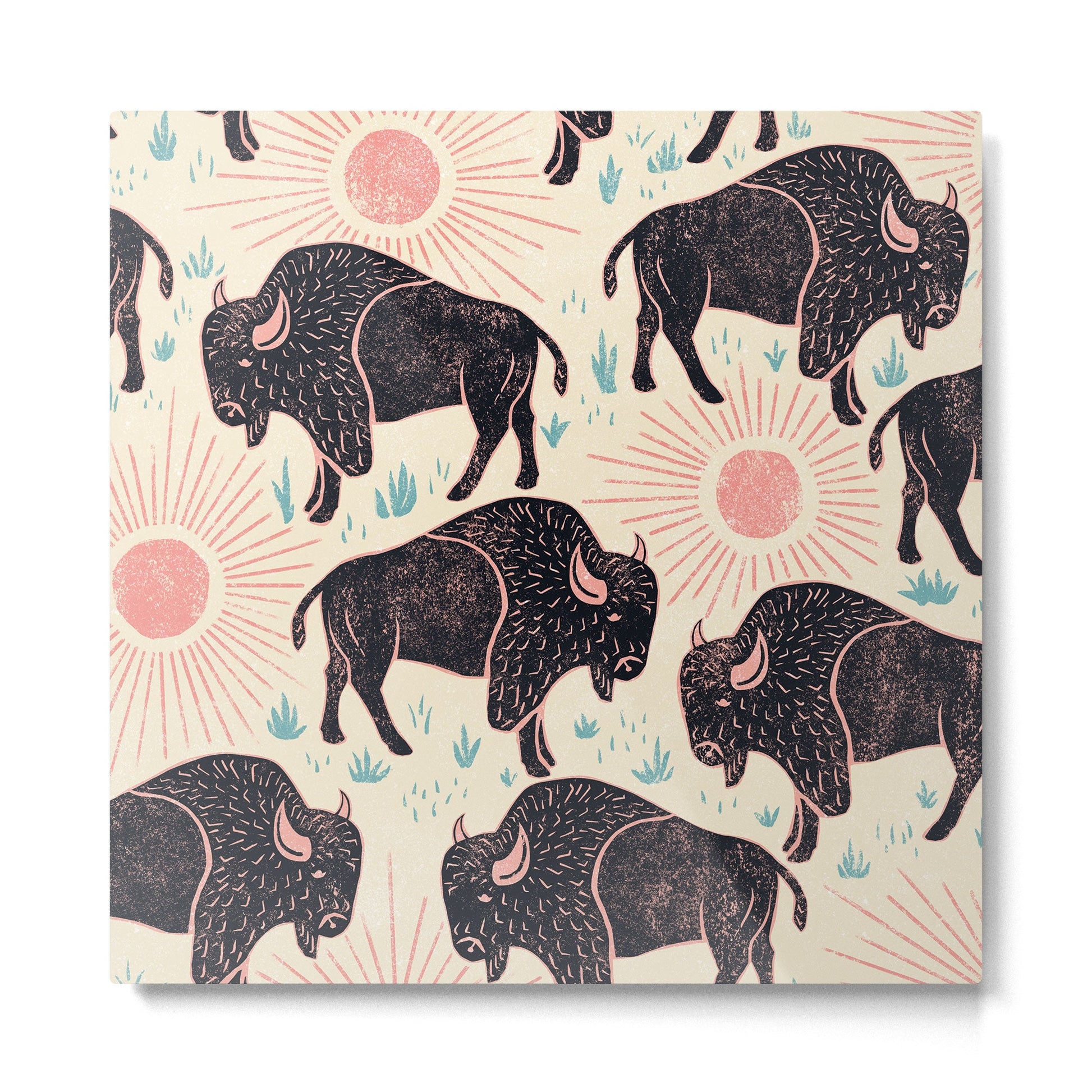 Bison - black, pink, teal, on cream Metal Print | TeksDecor