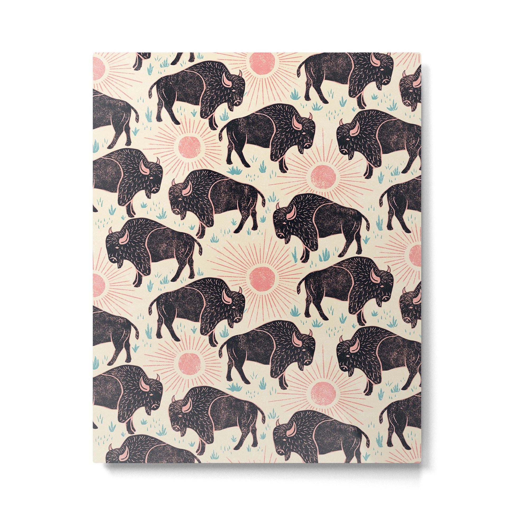 Bison - black, pink, teal, on cream Metal Print | TeksDecor