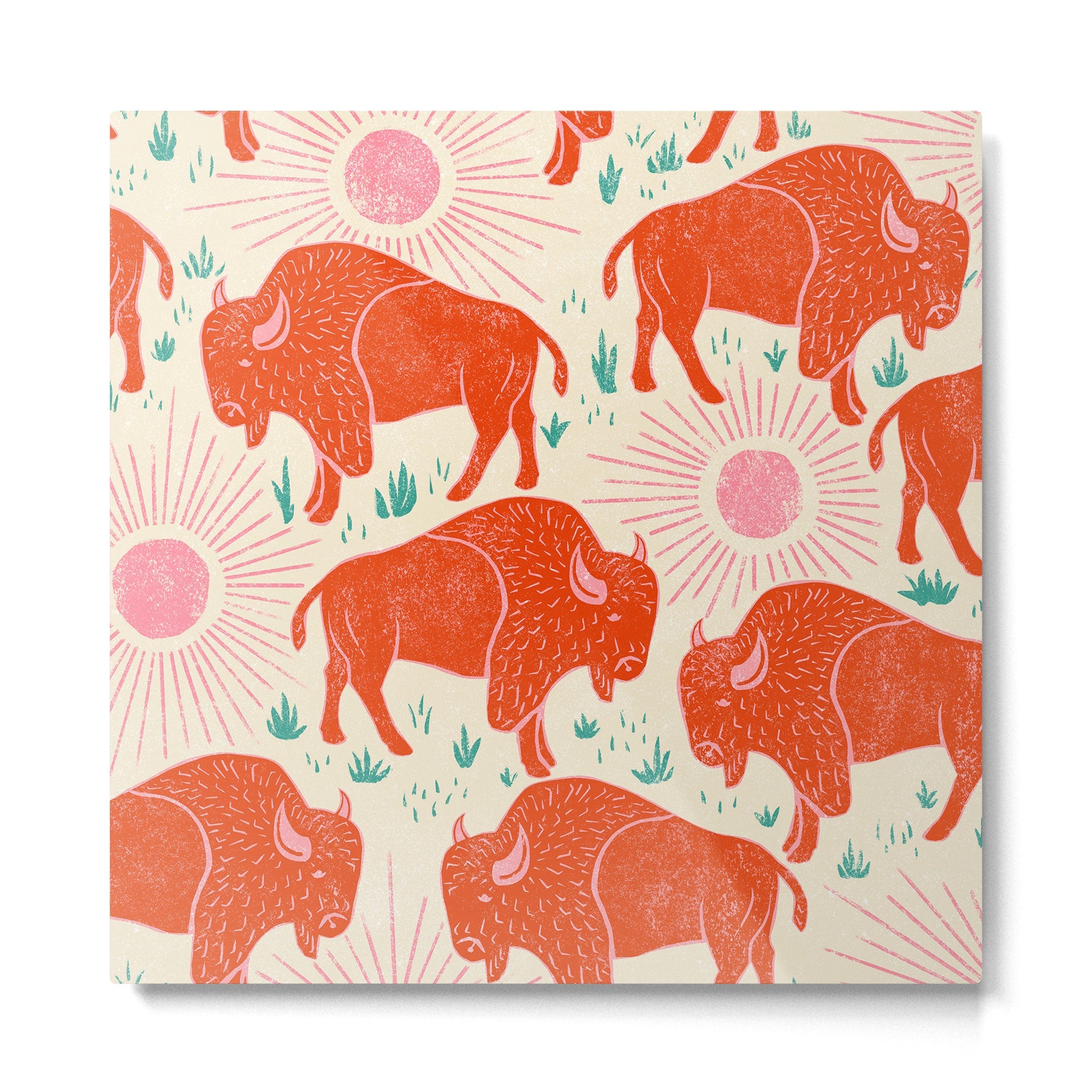 Bison - tomato red, pink, and teal, on cream Metal Print | TeksDecor