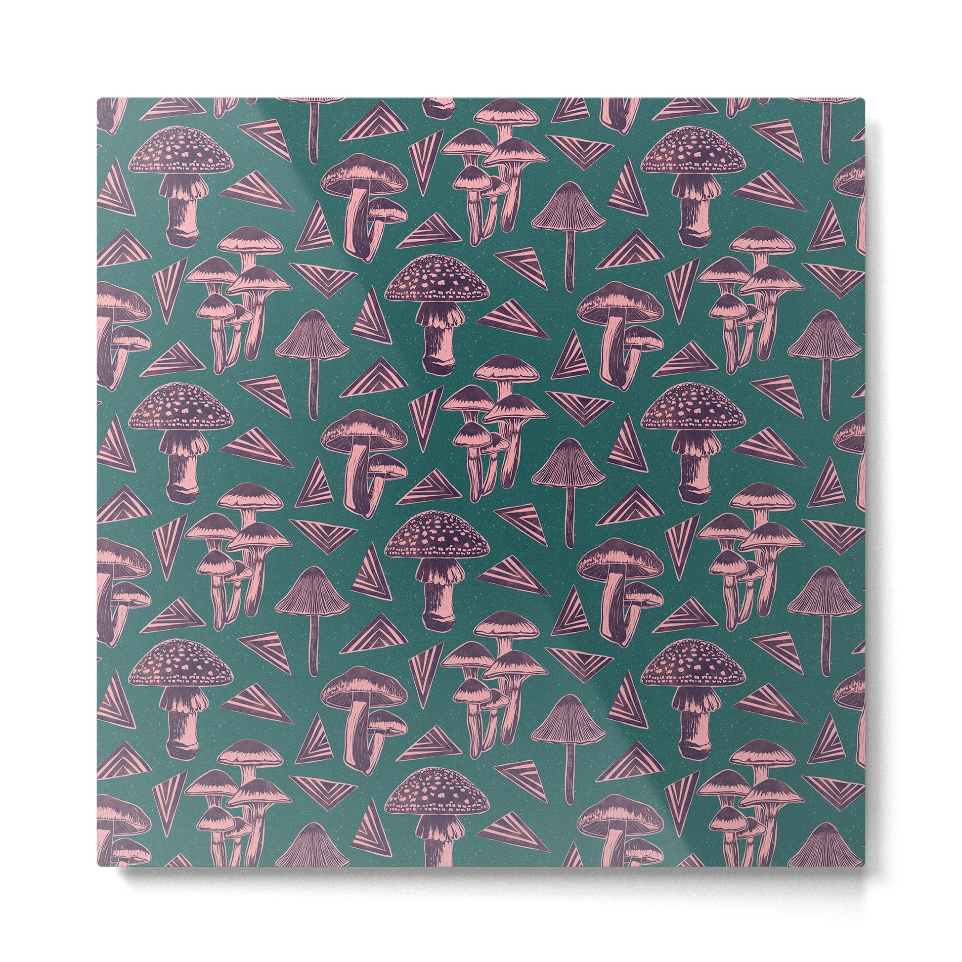 Block-print Mushrooms - purple on green Metal Print | TeksDecor