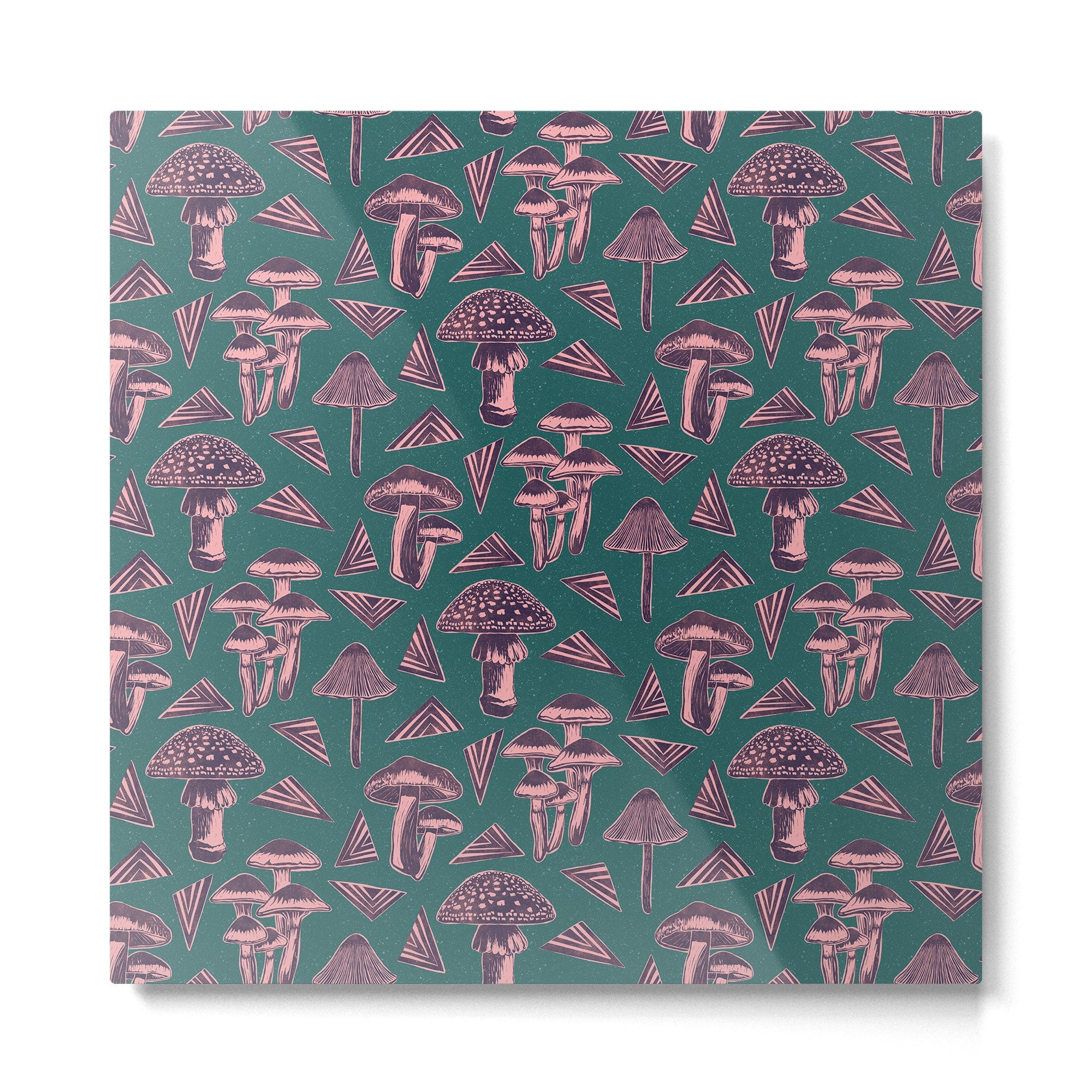 Block-print Mushrooms - purple on green Metal Print | TeksDecor