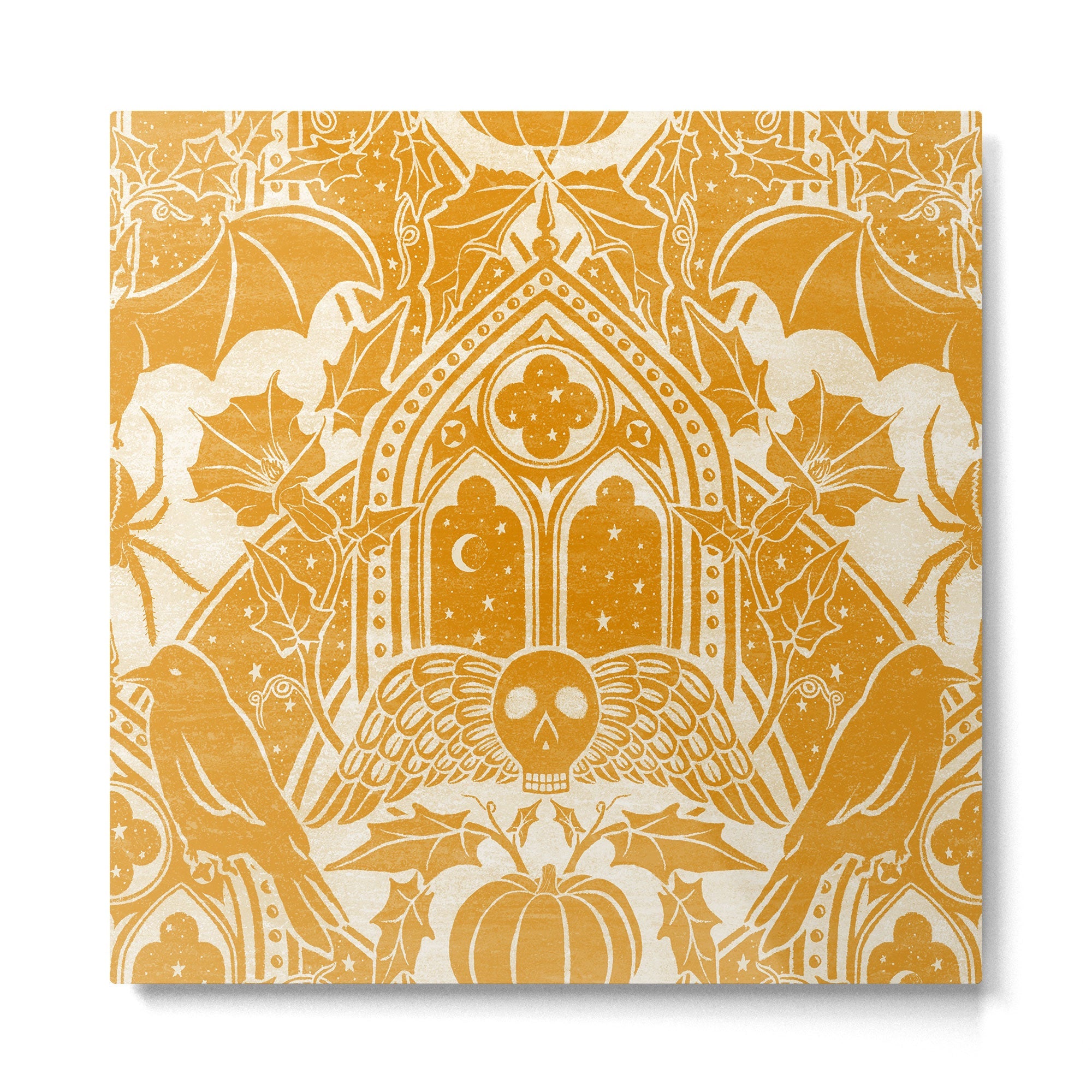 Gothic Halloween Damask - marigold and cream  Metal Print | TeksDecor