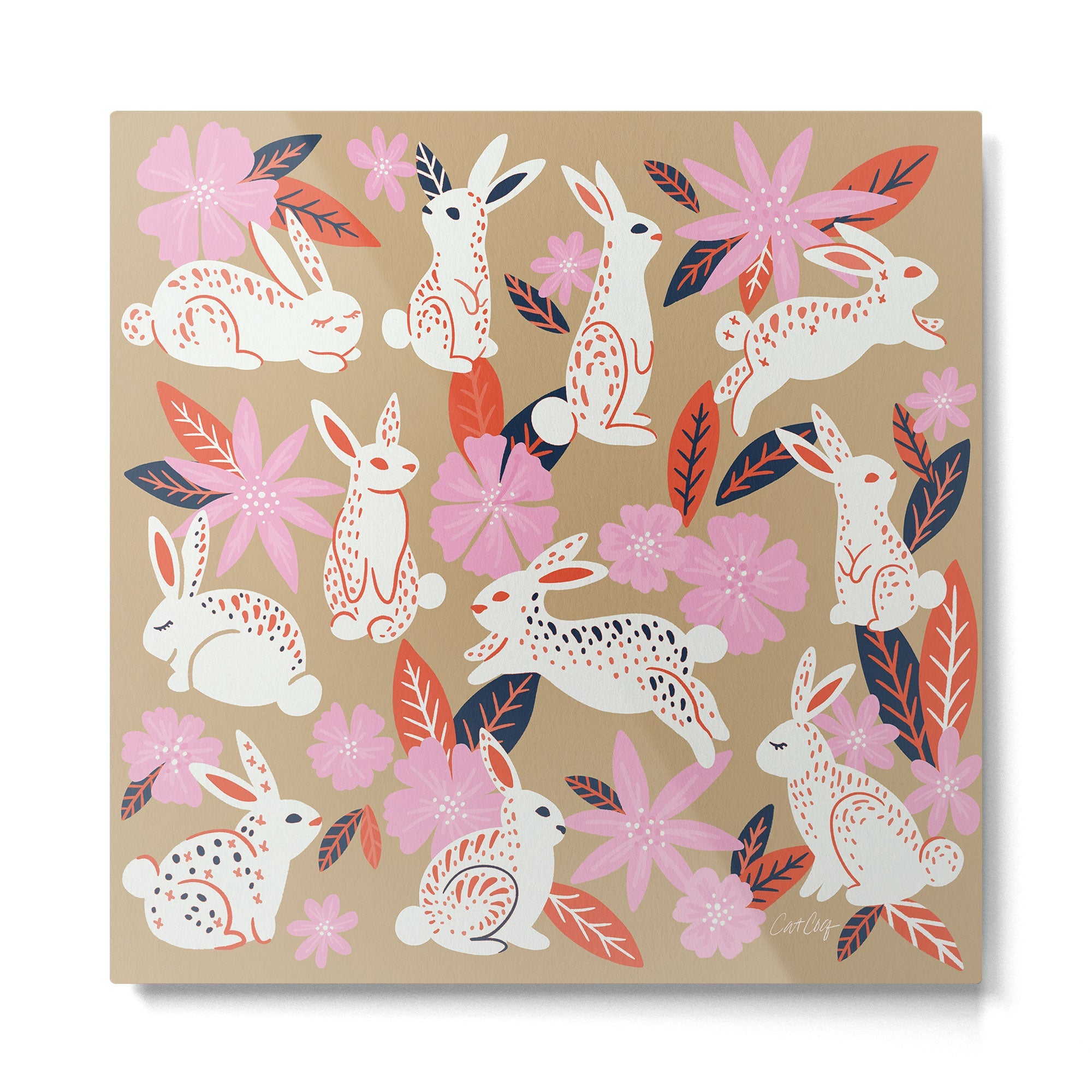 Bunnies & Blooms - Coral & Pink Metal Print | TeksDecor