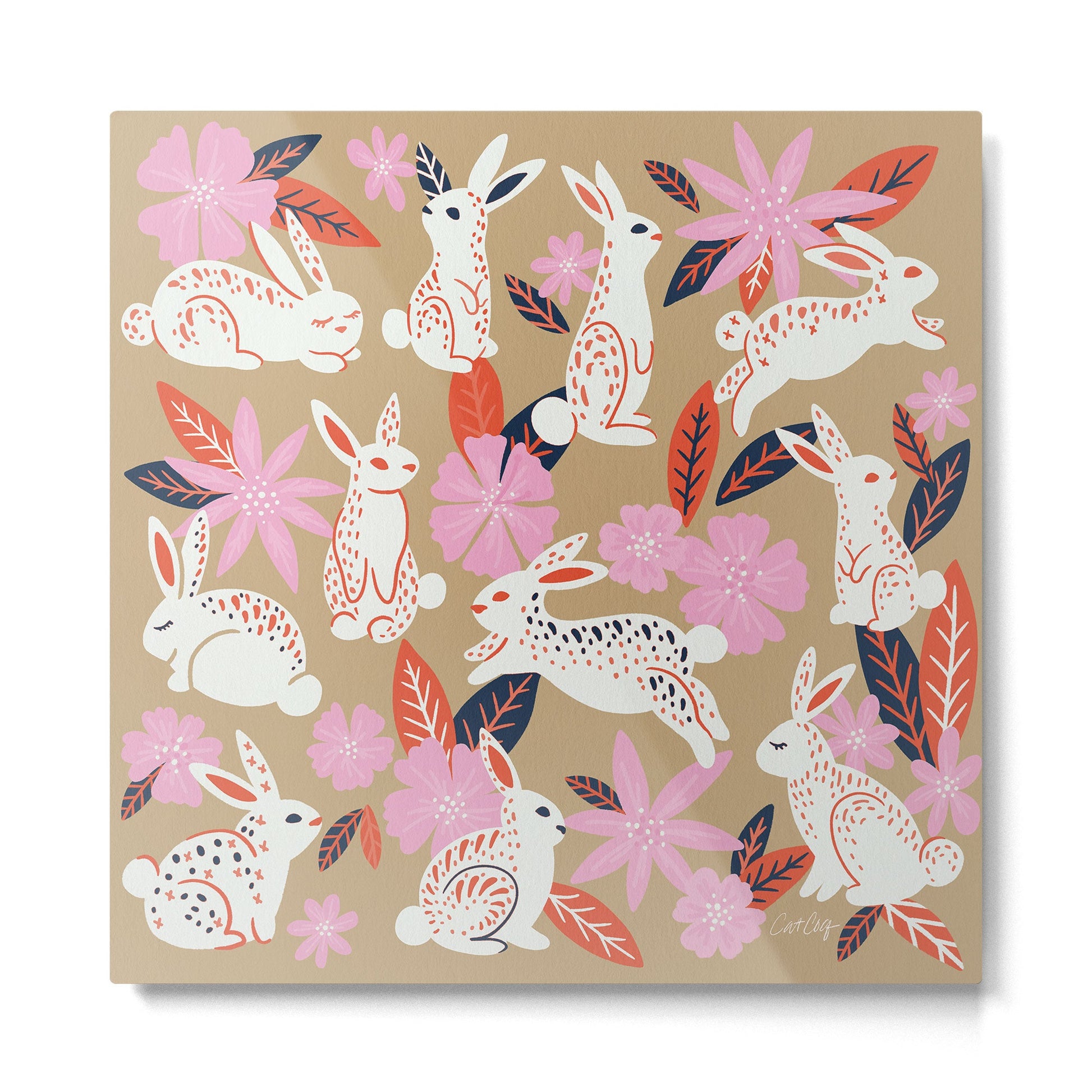 Bunnies & Blooms - Coral & Pink Metal Print | TeksDecor