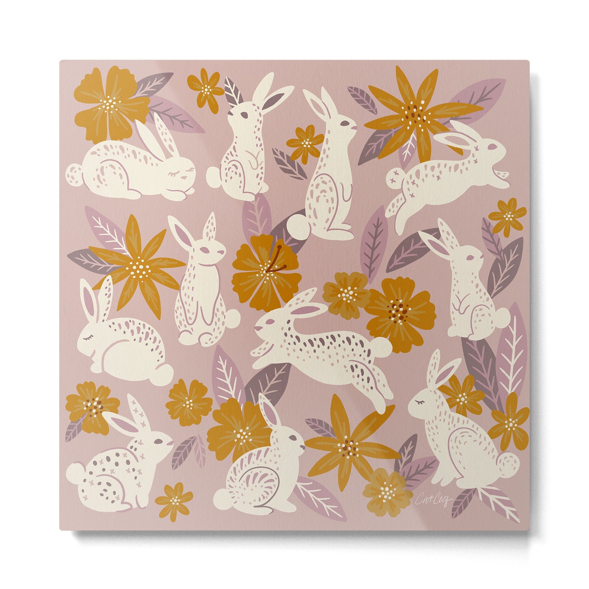 Bunnies & Blooms - Mauve & Ochre Palette Metal Print | TeksDecor