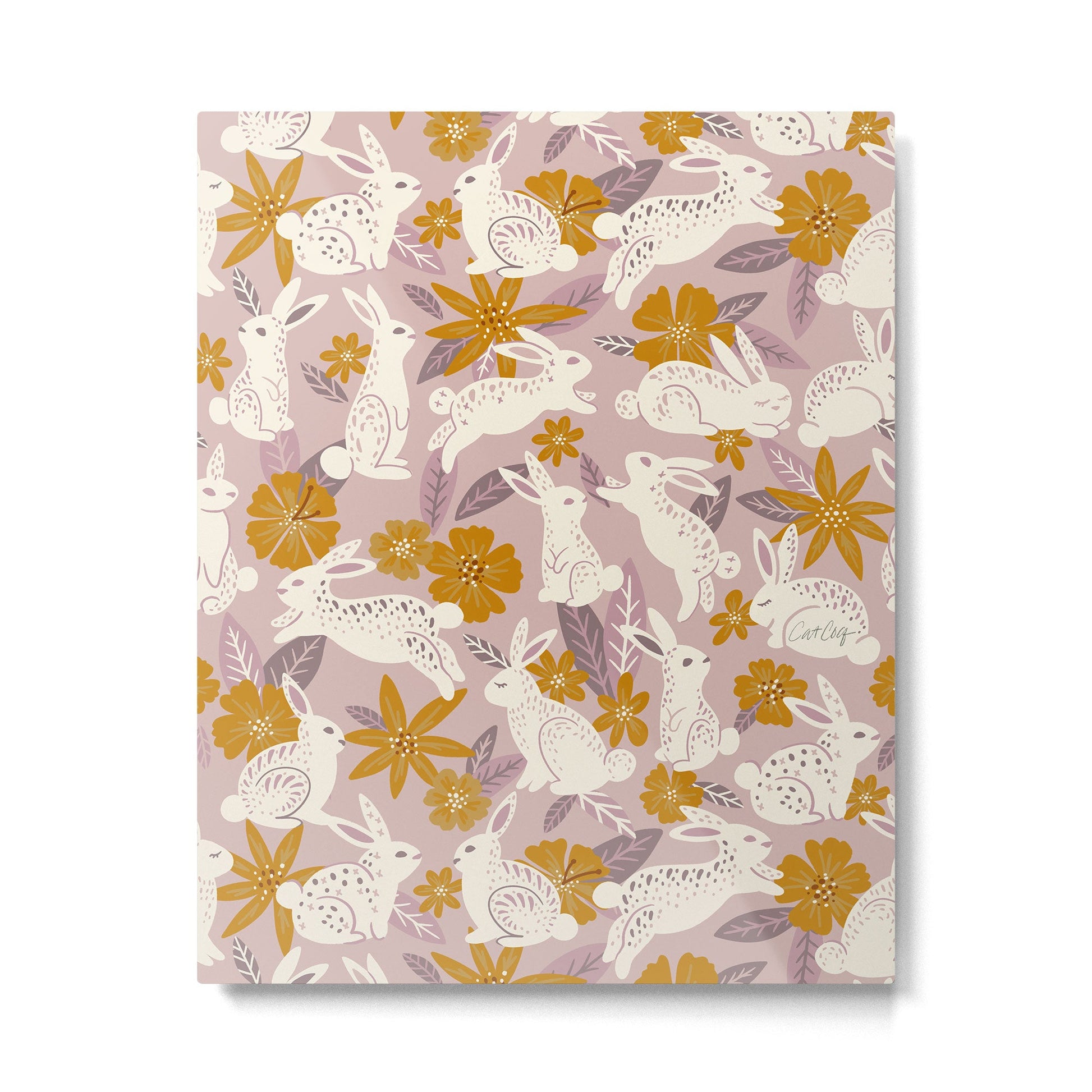 Bunnies & Blooms - Mauve & Ochre Palette Metal Print | TeksDecor