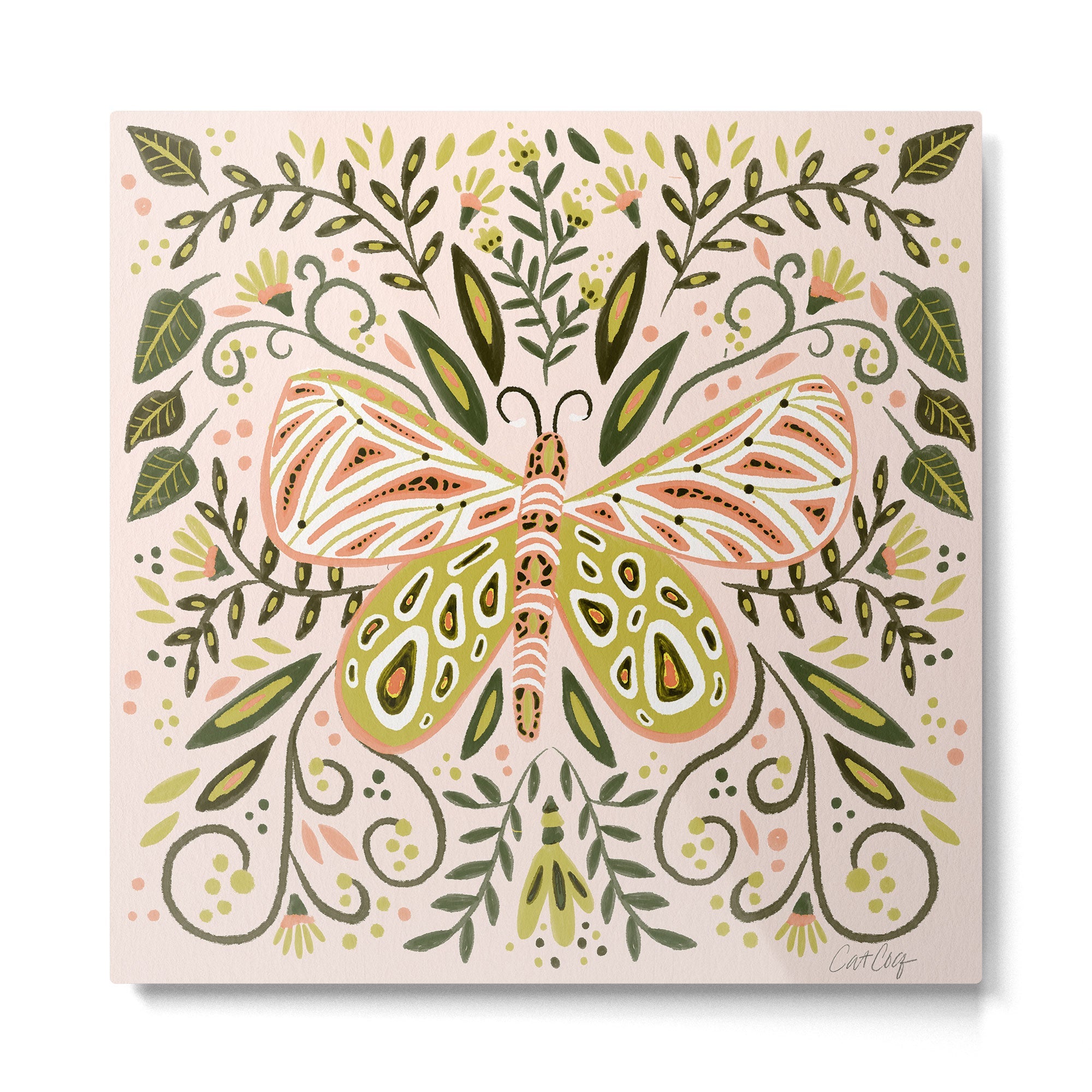 Butterfly Symmetry - Blush & Lime Metal Print | TeksDecor