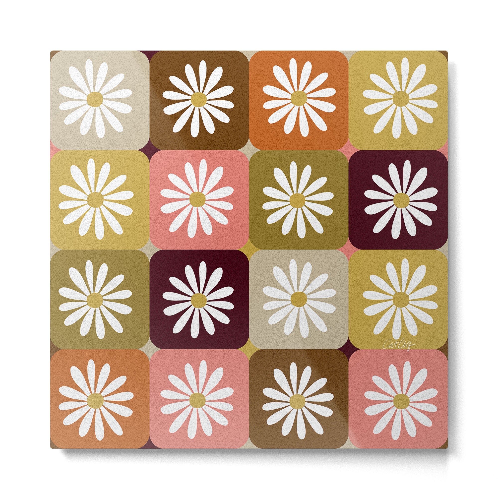 Checkered Daisies - 70s Citrus Metal Print | TeksDecor