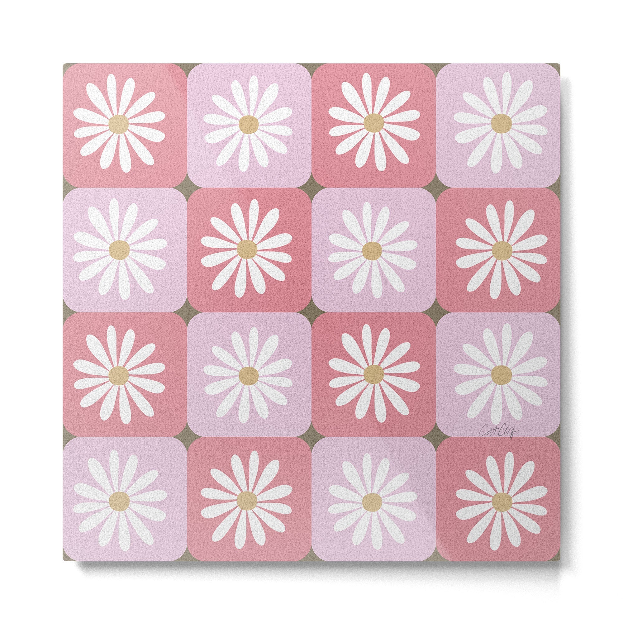 Checkered Daisies - Blush & Gold Metal Print | TeksDecor