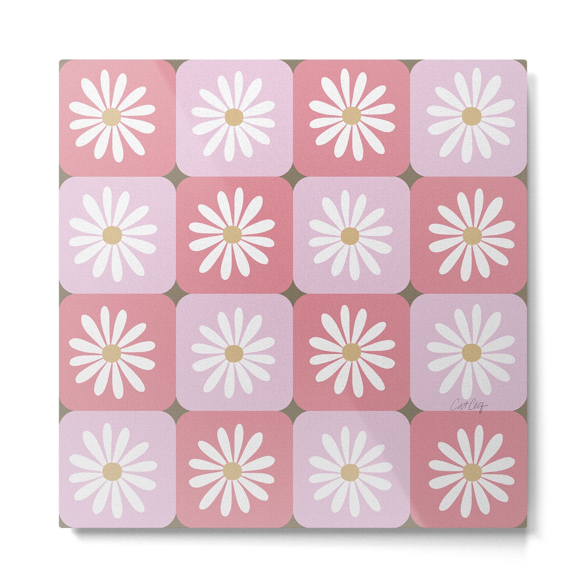 Checkered Daisies - Blush & Gold Metal Print | TeksDecor