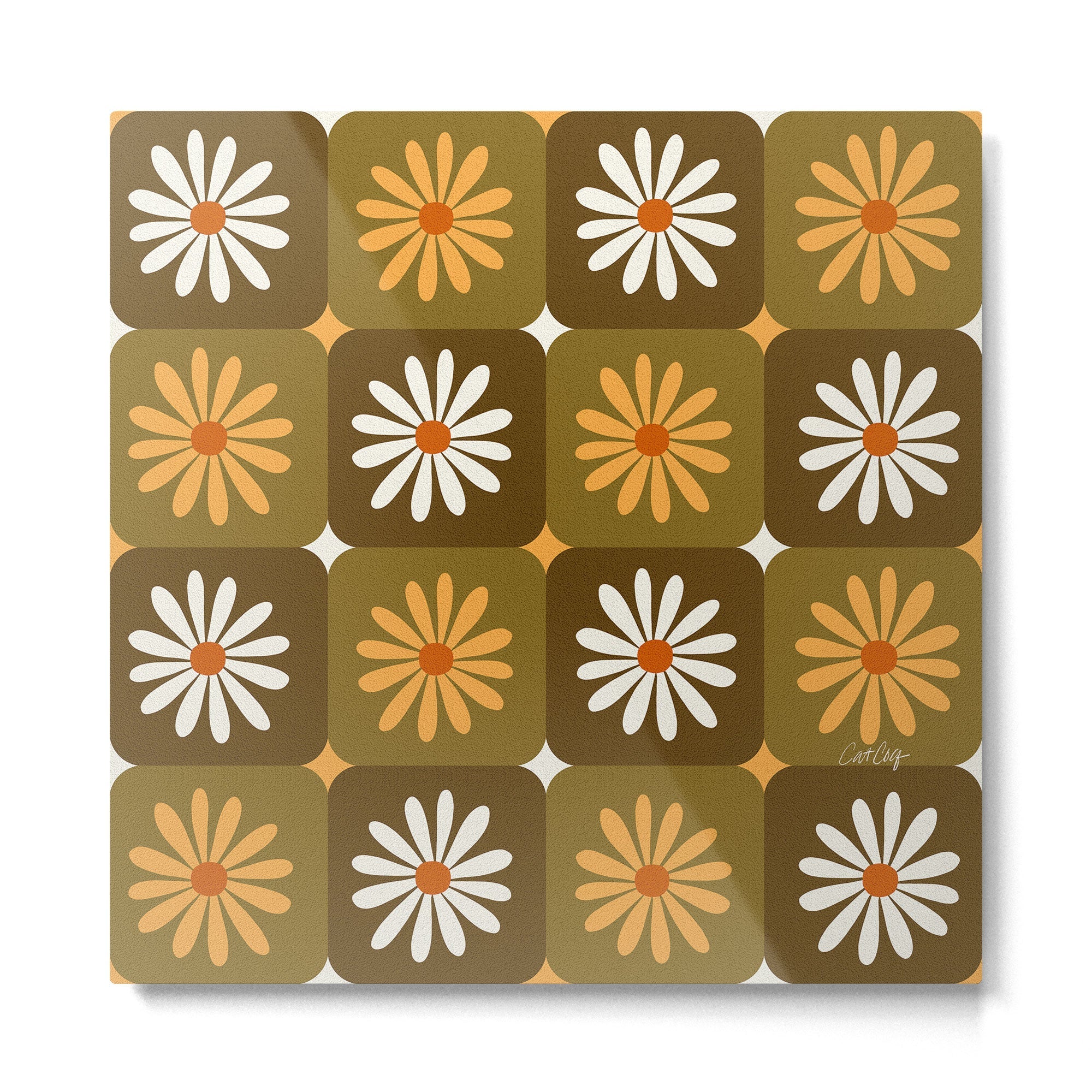 Checkered Daisies - Retro & Olive Metal Print | TeksDecor