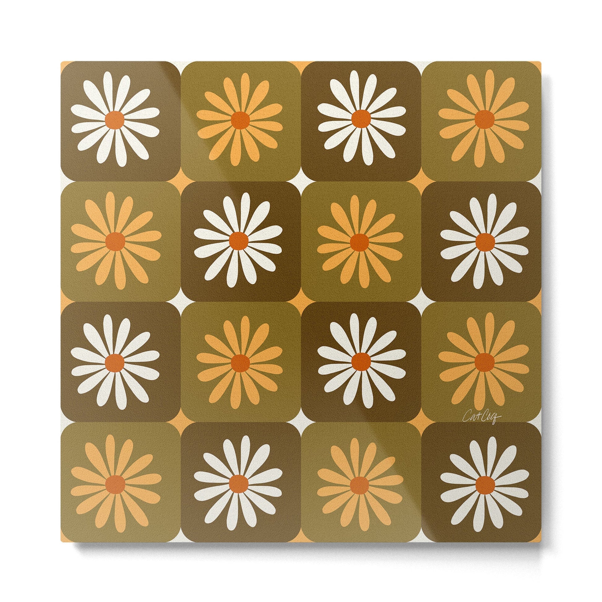 Checkered Daisies - Retro & Olive Metal Print | TeksDecor