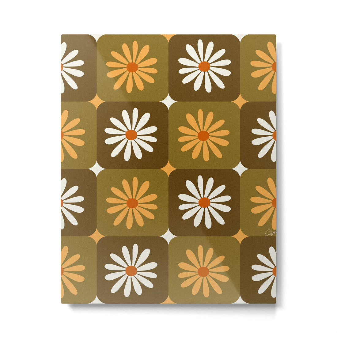 Checkered Daisies - Retro & Olive Metal Print | TeksDecor