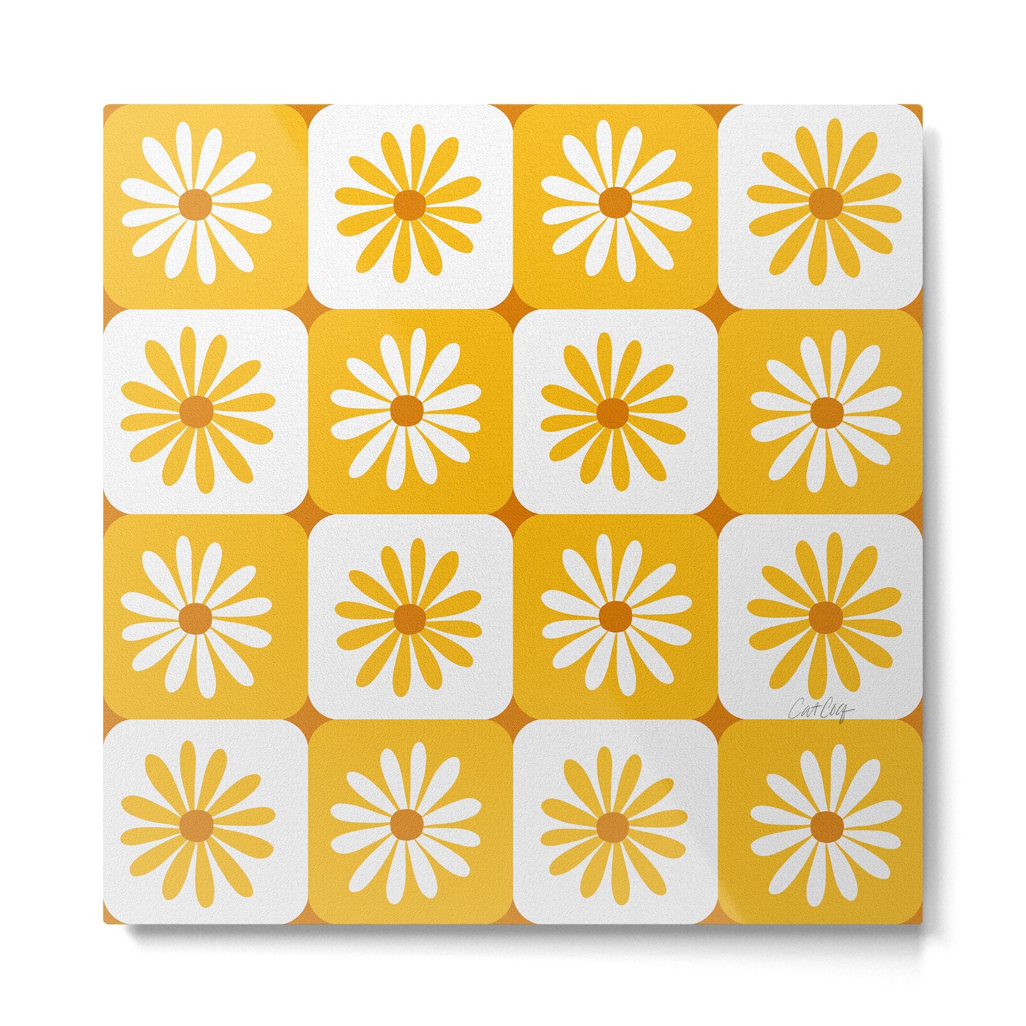 Checkered Daisies - Yellow Metal Print | TeksDecor