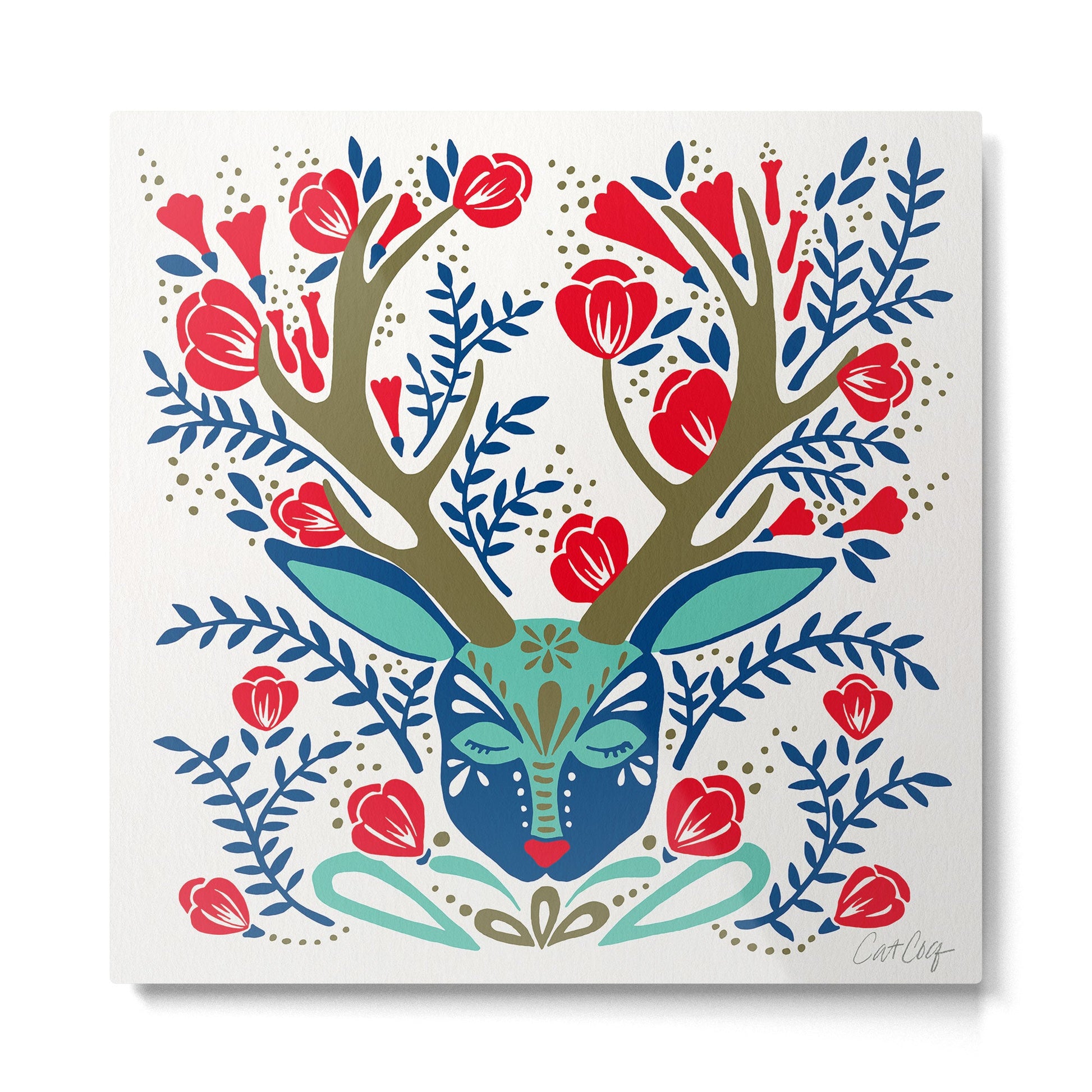 Floral Antlers - Red & Navy Metal Print | TeksDecor
