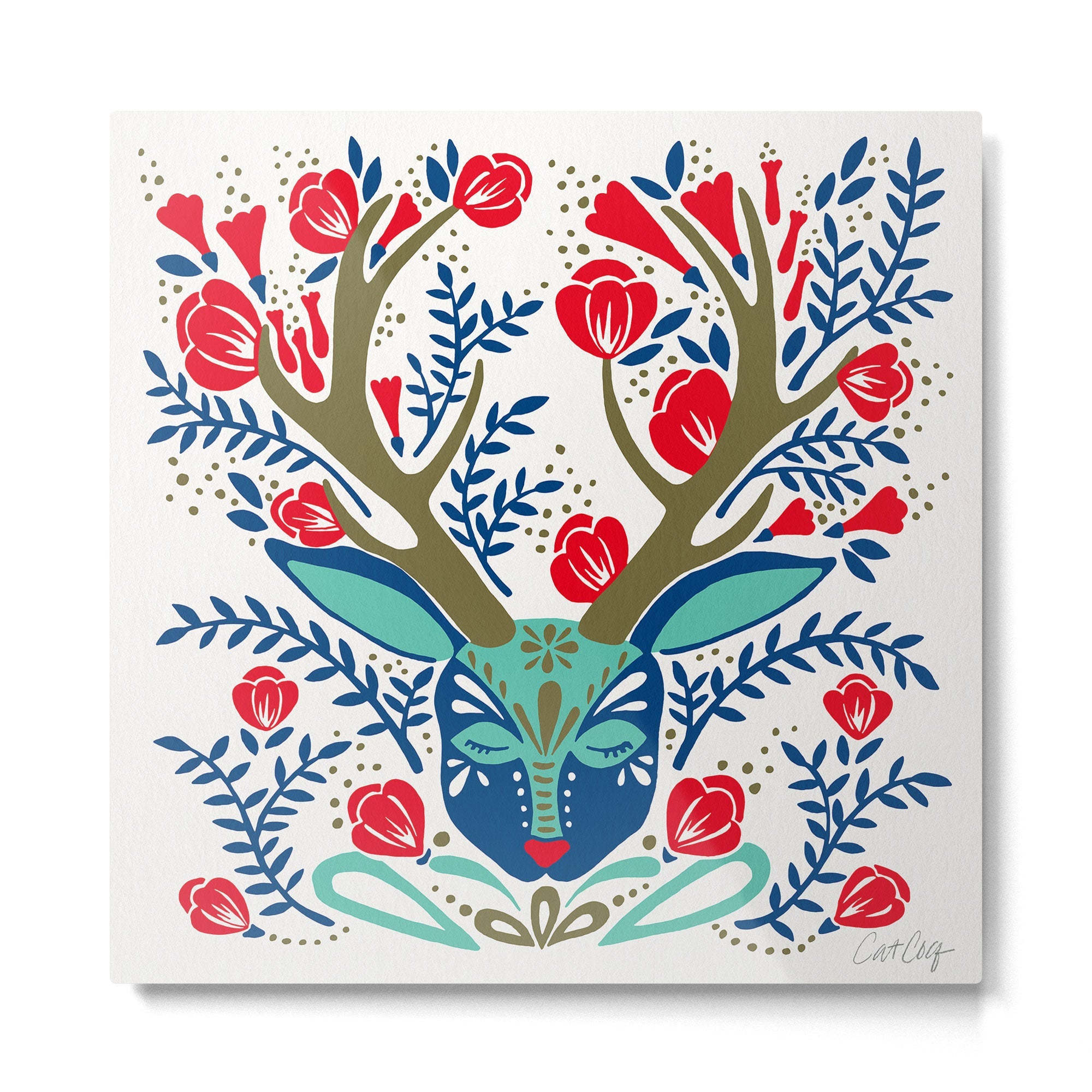 Floral Antlers - Red & Navy Metal Print | TeksDecor