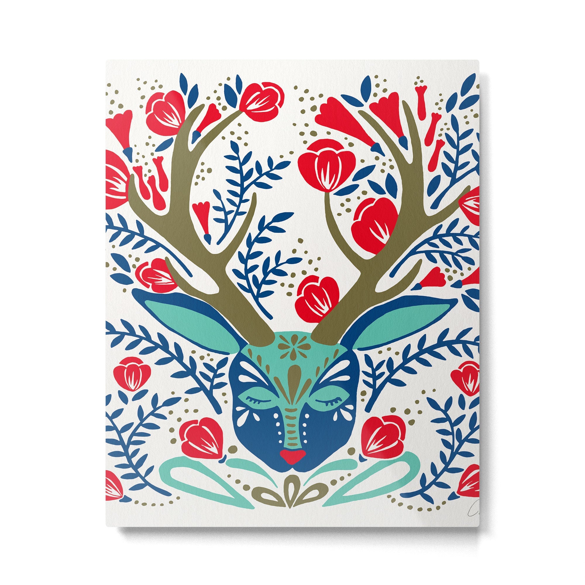 Floral Antlers - Red & Navy Metal Print | TeksDecor