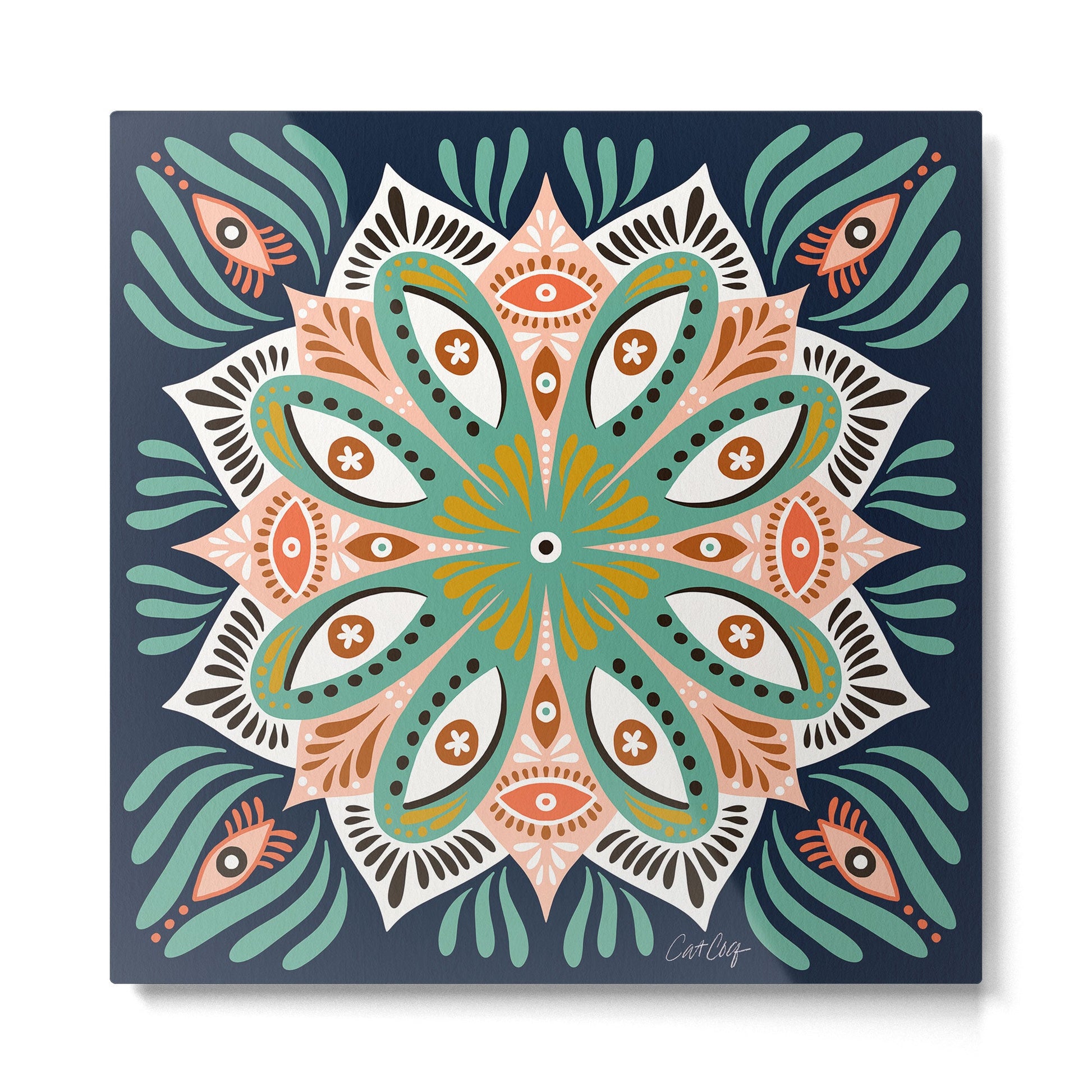 Floral Eye Mandala - Blue & Blush Metal Print | TeksDecor
