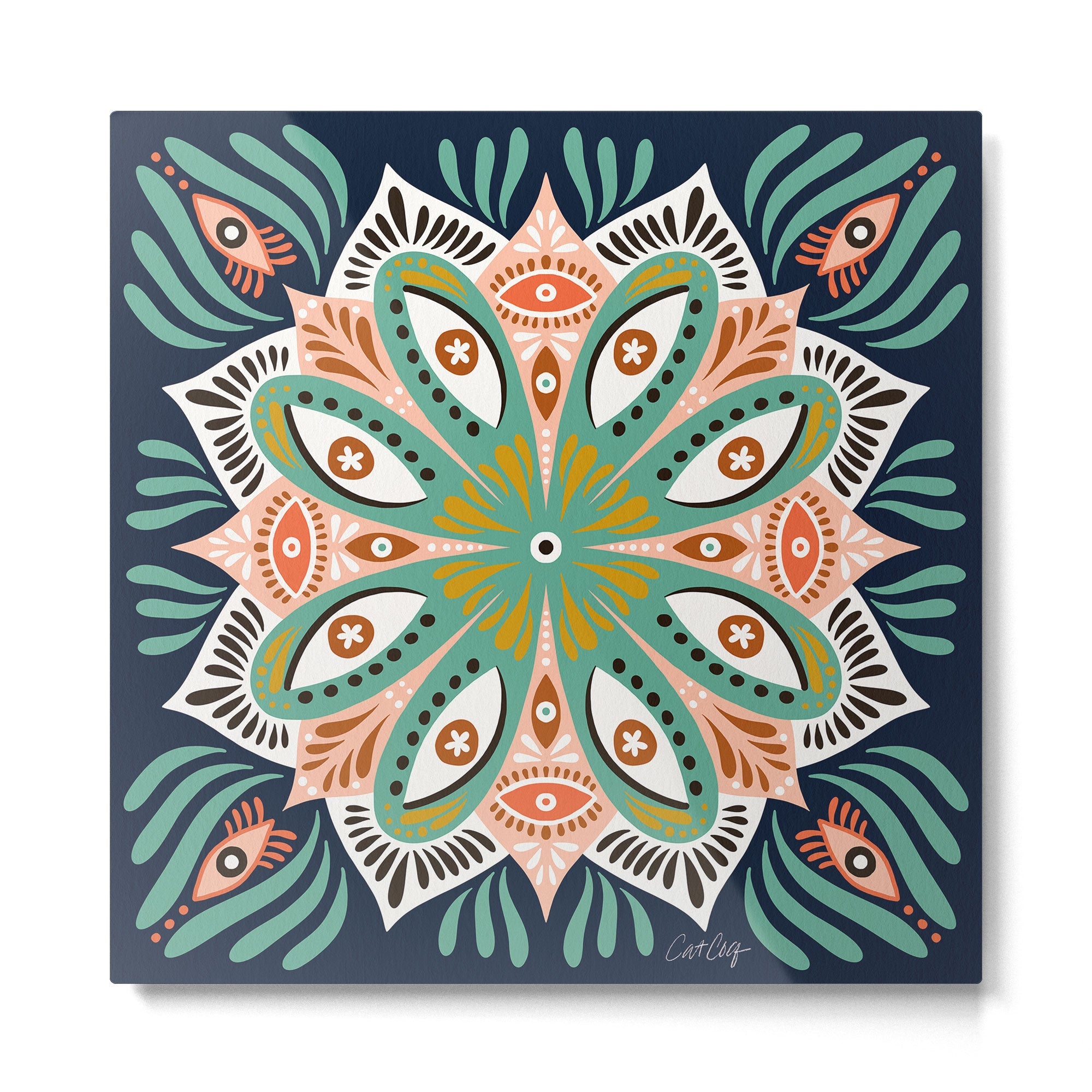 Floral Eye Mandala - Blue & Blush Metal Print | TeksDecor