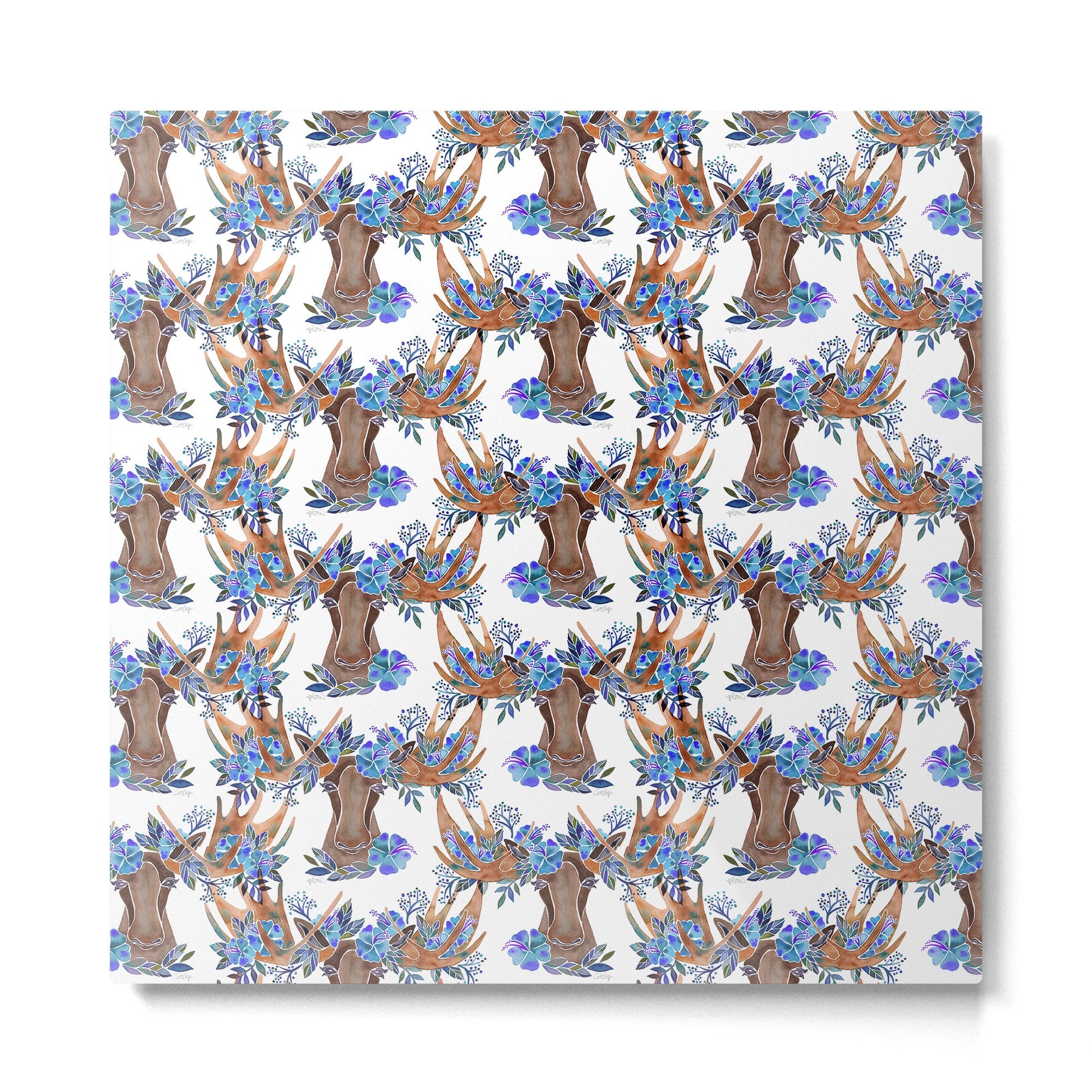 Floral Moose - Blue Flowers Metal Print | TeksDecor