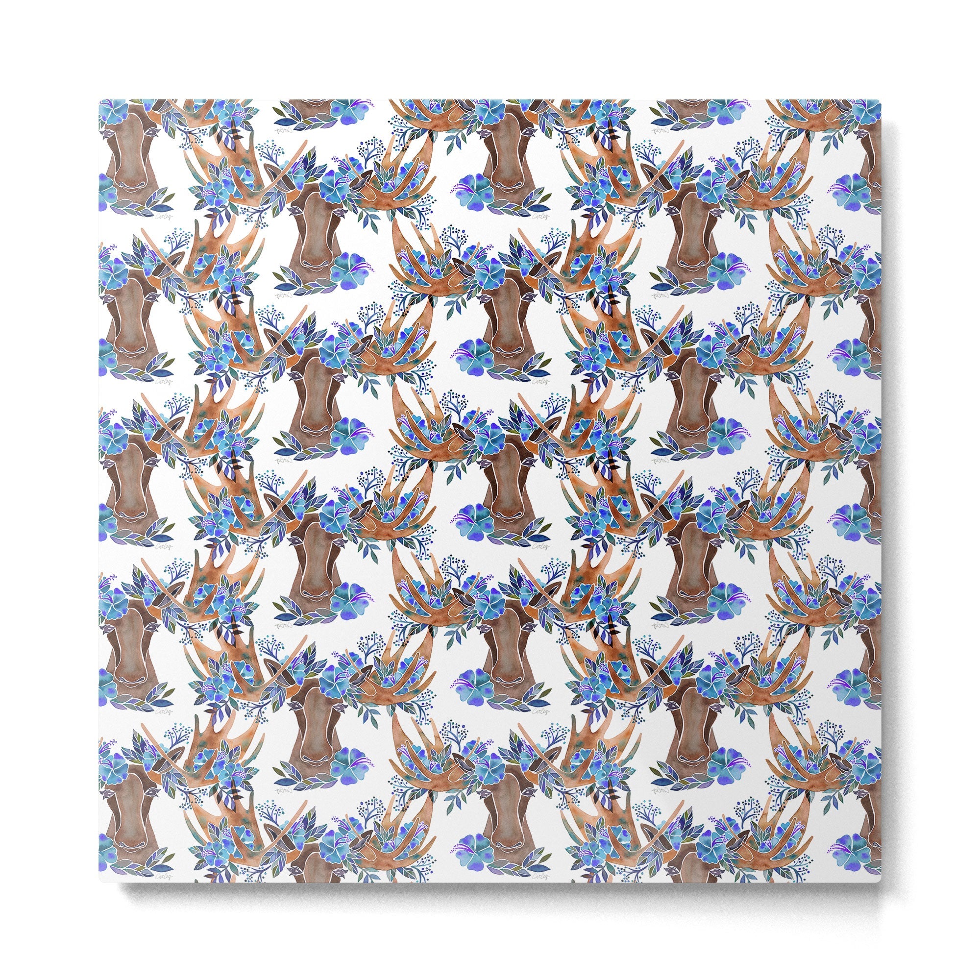 Floral Moose - Blue Flowers Metal Print | TeksDecor