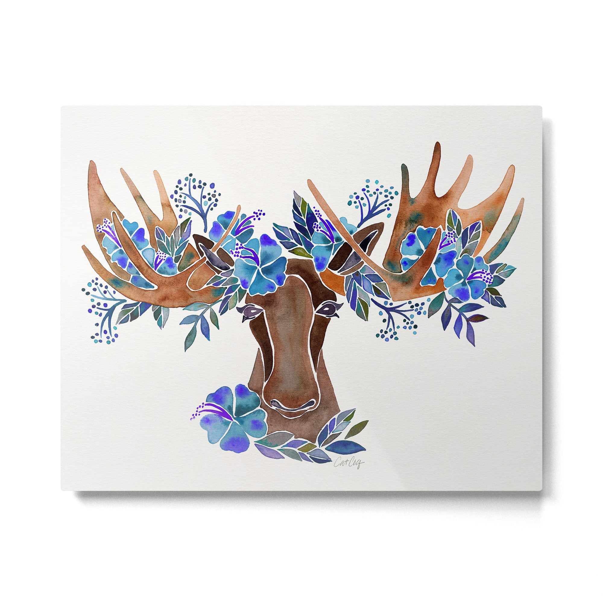 Floral Moose - Blue Flowers Metal Print | TeksDecor